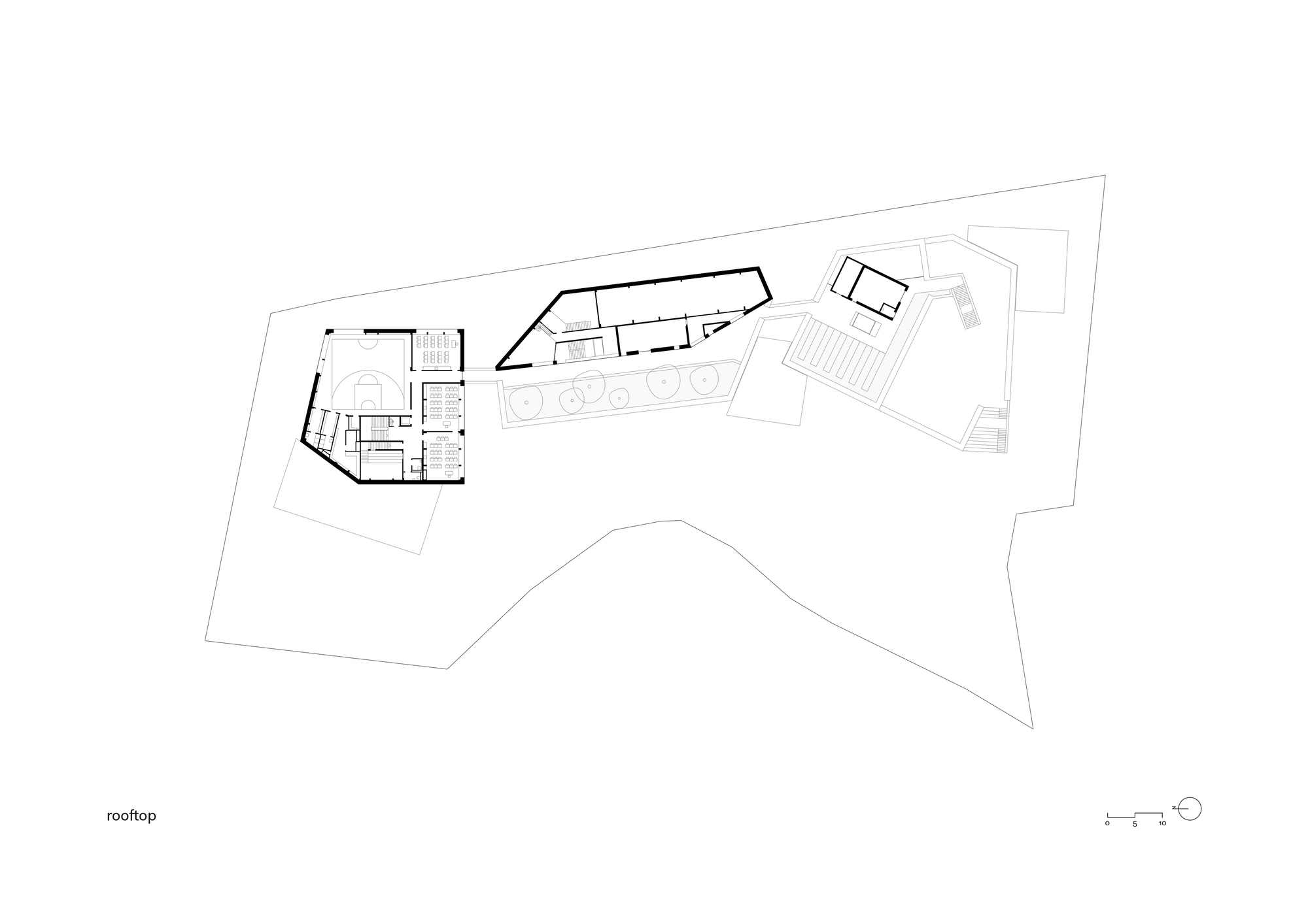Rooftop plan drawing showing angular roof volumes with hatched auditorium seating area on one wing
