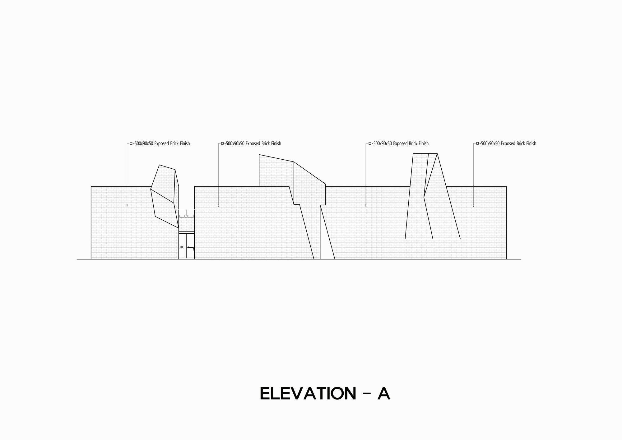 Elevation drawing showing four angled rooftop volumes rising from a horizontal base with exposed brick finish