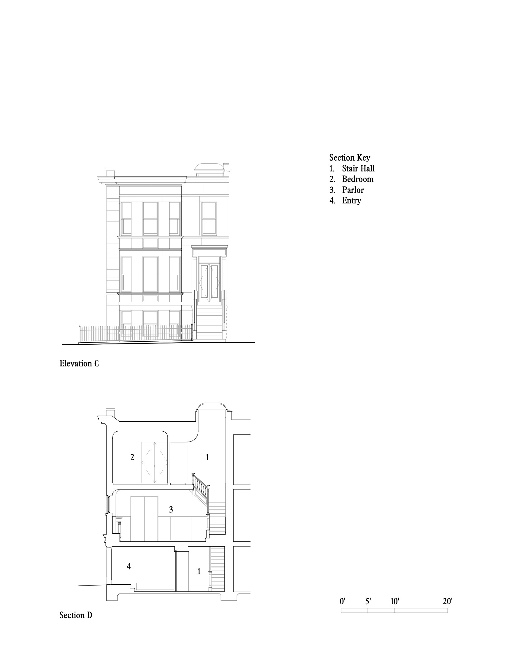 Elevation and section drawings depicting the street-facing facade with cornice detail and vertical interior circulation