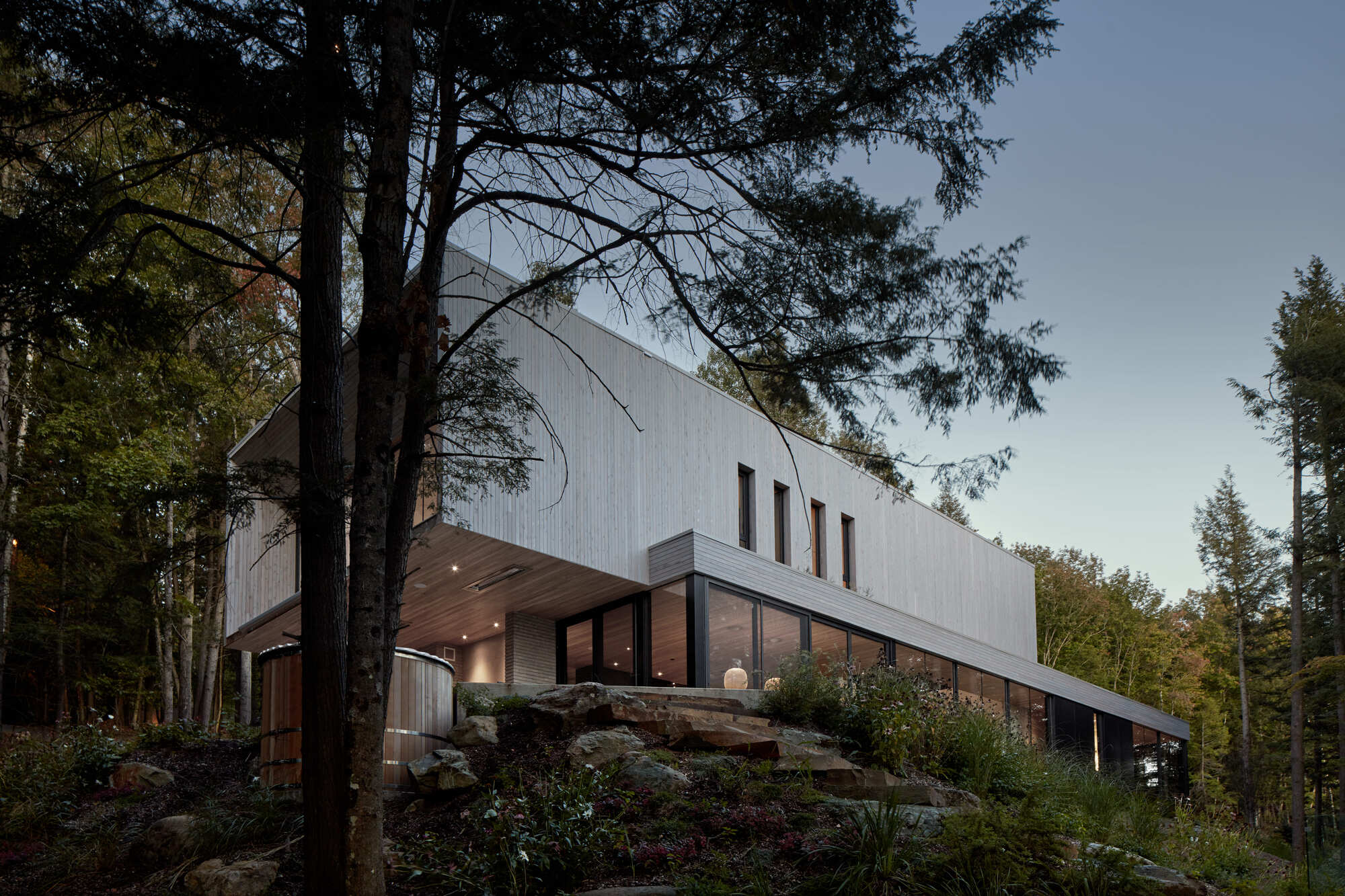 Two-story wood-clad volume on a rocky outcrop framed by tall pine trees at dusk