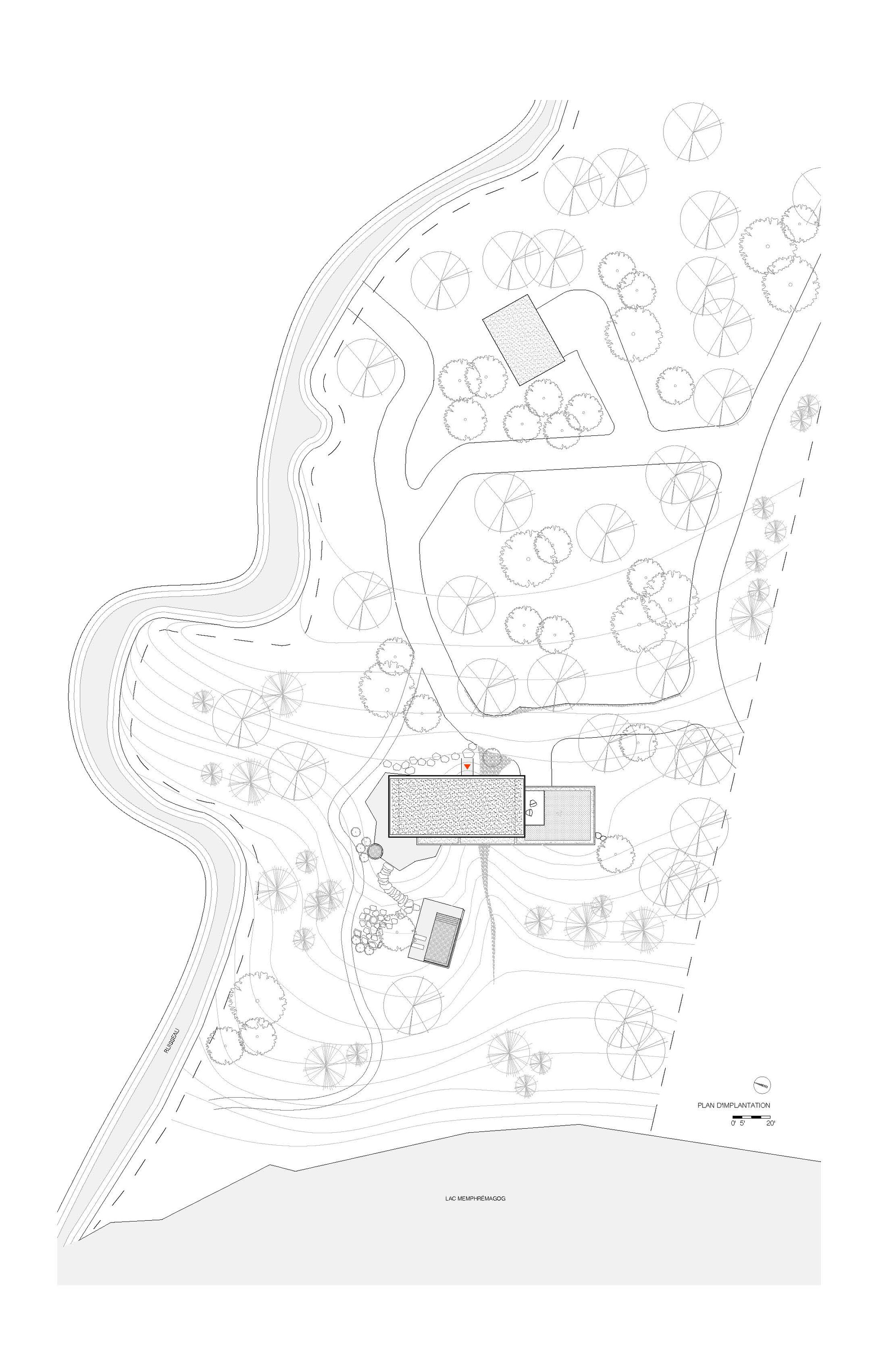 Site plan drawing showing the residence and outbuilding among contoured topography and scattered tree canopies