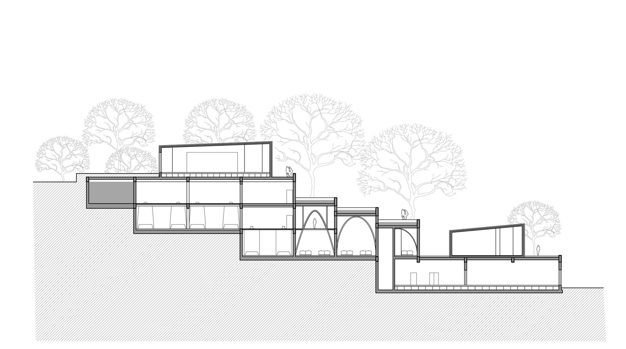 Section drawing showing multi-level volumes cascading down a slope with arched openings and trees