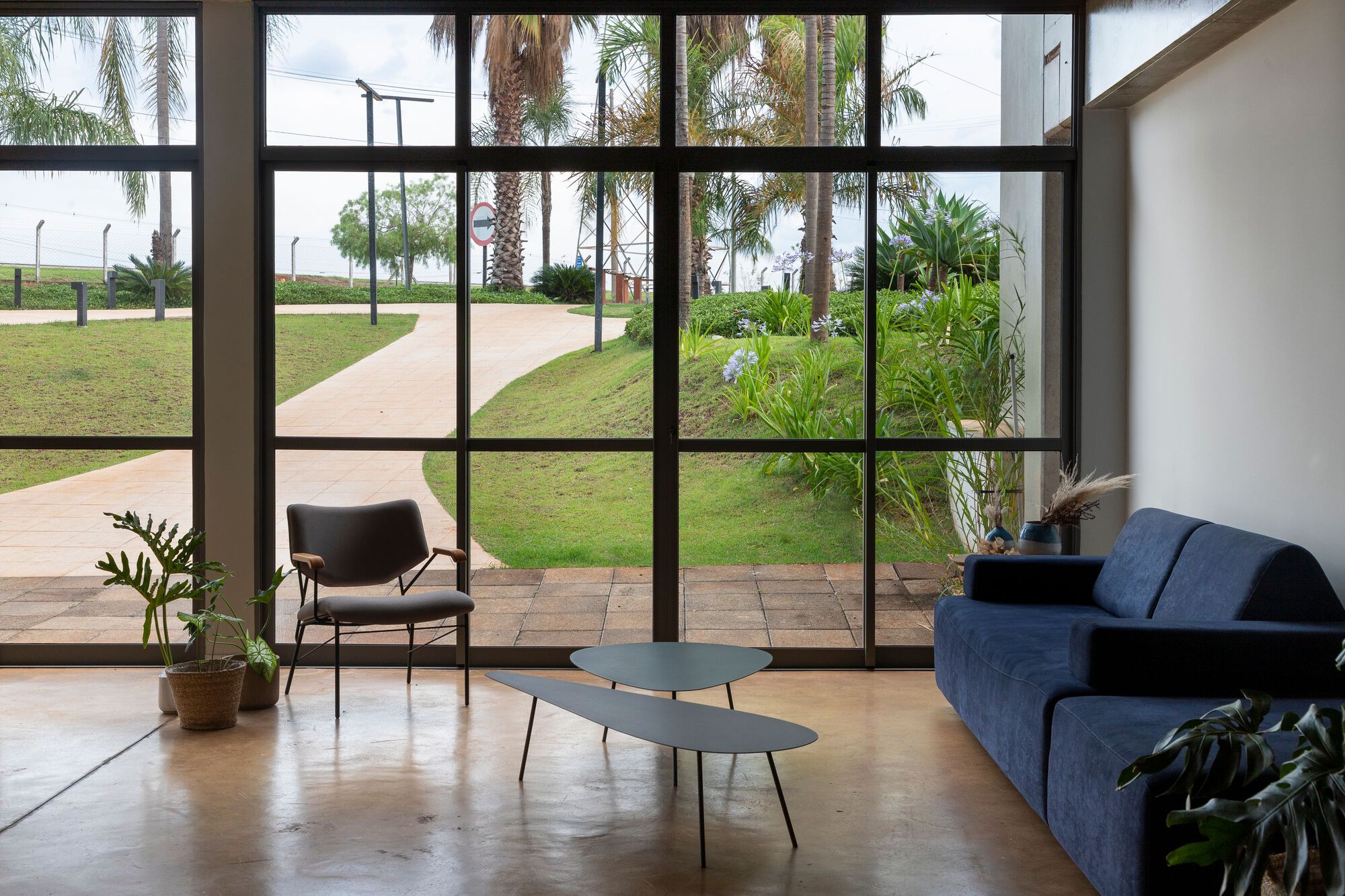 Interior lounge with floor-to-ceiling windows overlooking the lawn and palm trees outside