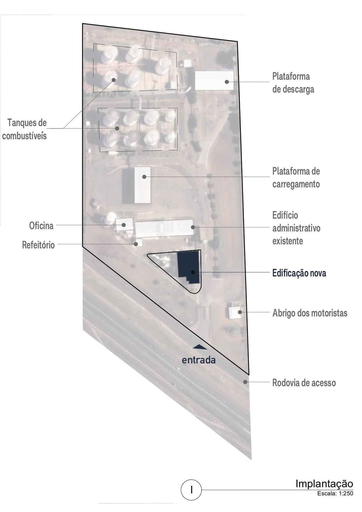 Site plan drawing showing an angled parcel with fuel tanks, administrative buildings and entry road
