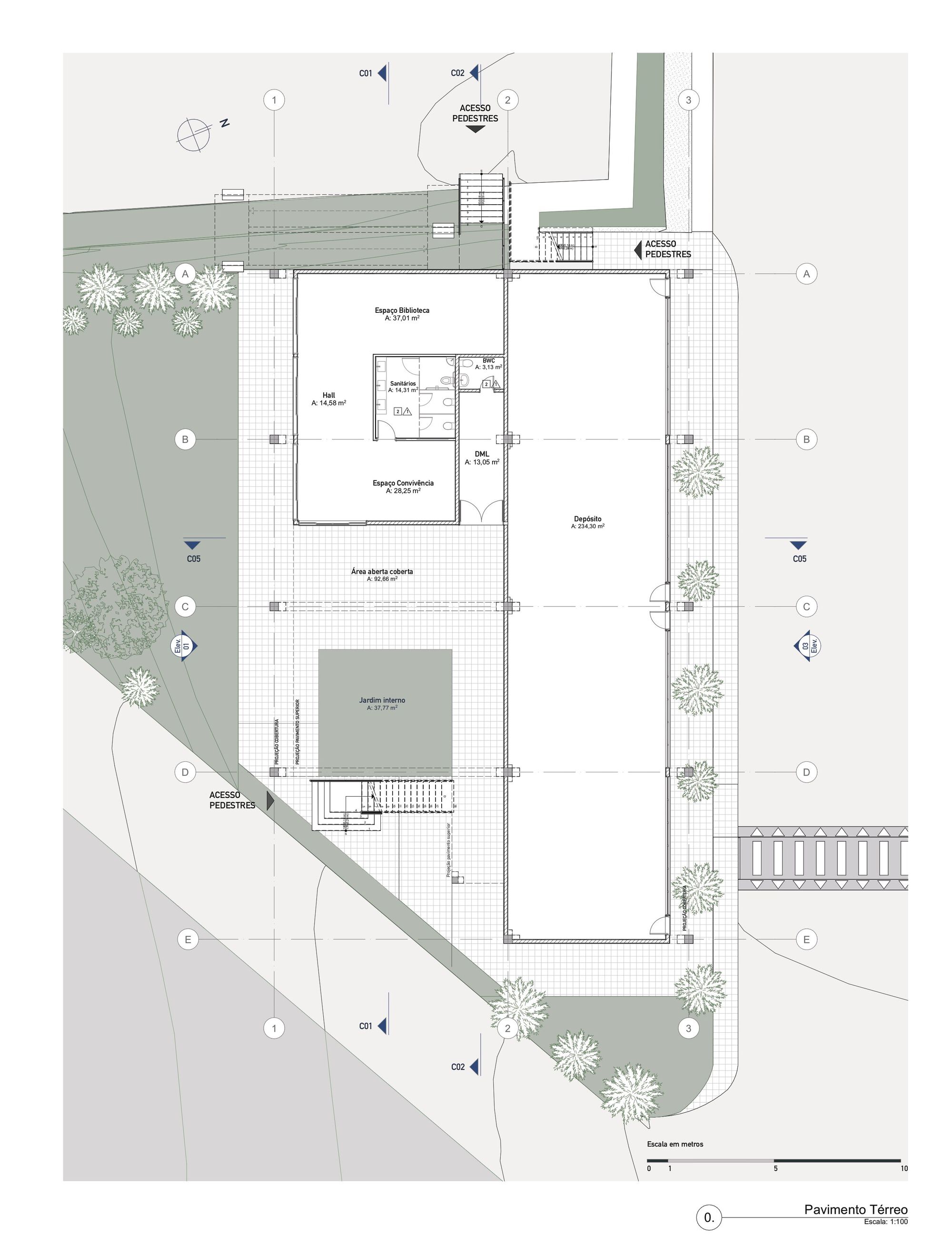 Ground floor plan drawing depicting a rectangular building with central pool and surrounding planted areas