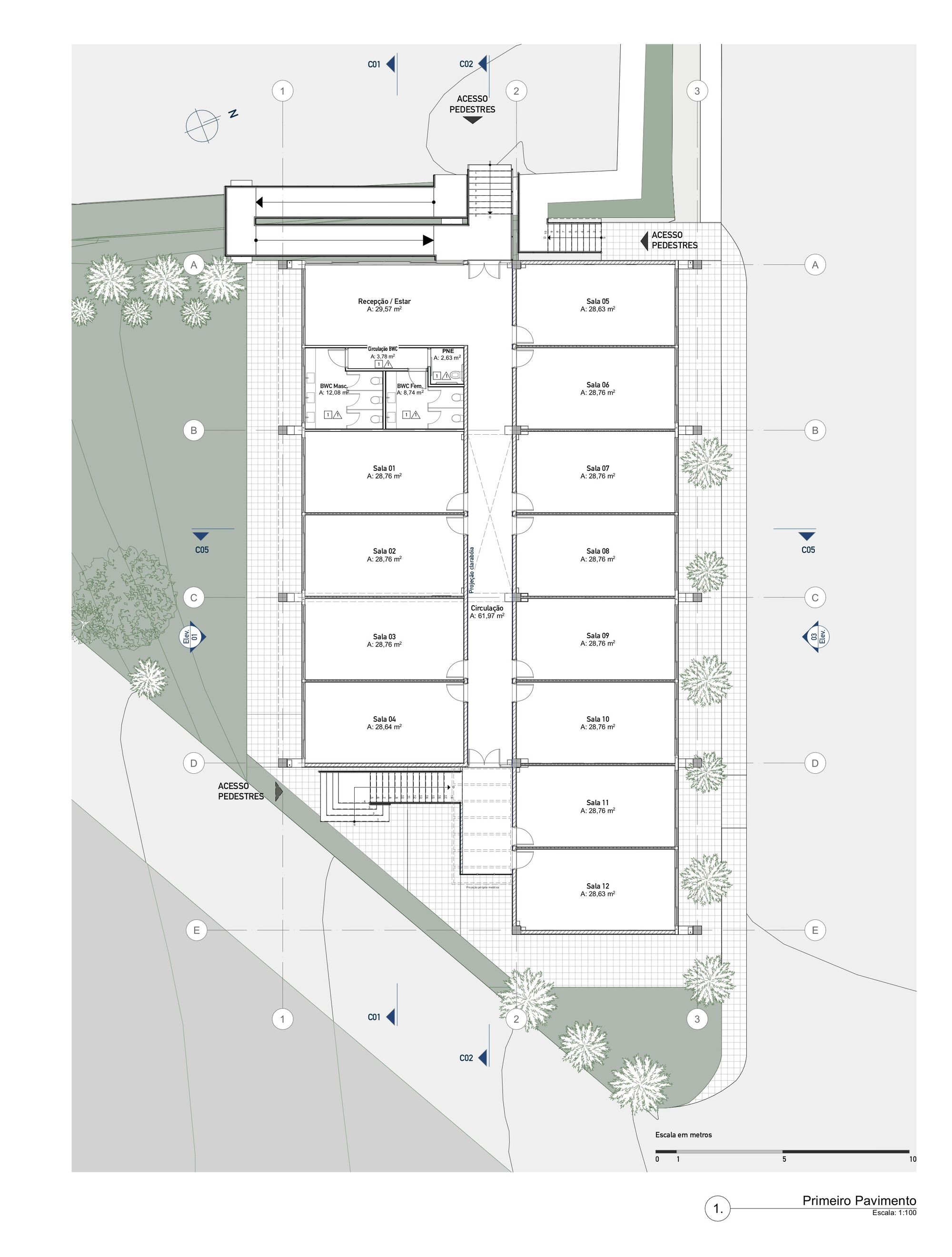 First floor plan drawing showing a series of repetitive rooms flanking a central staircase