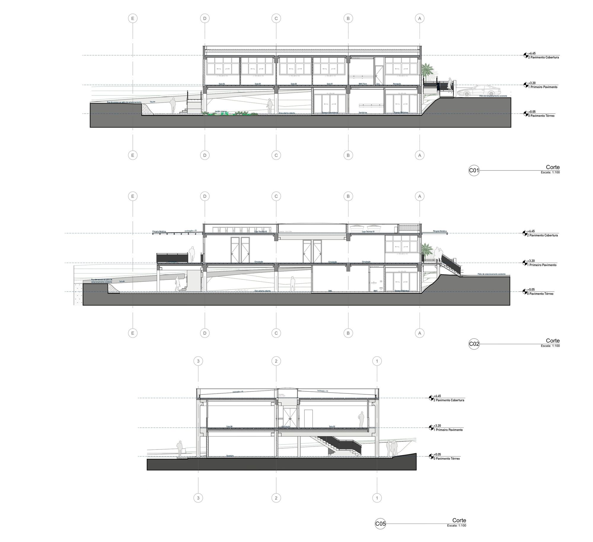 Section drawings showing three longitudinal cuts through the two-storey building with stairs and terraces