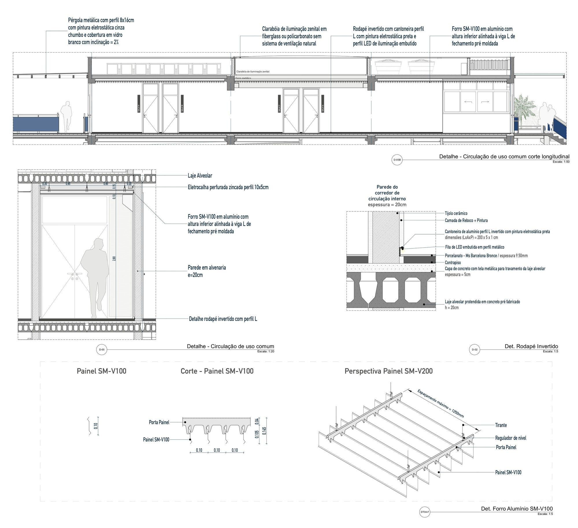 Technical construction detail drawings showing wall sections, panel profiles, and roof assembly perspectives with annotations
