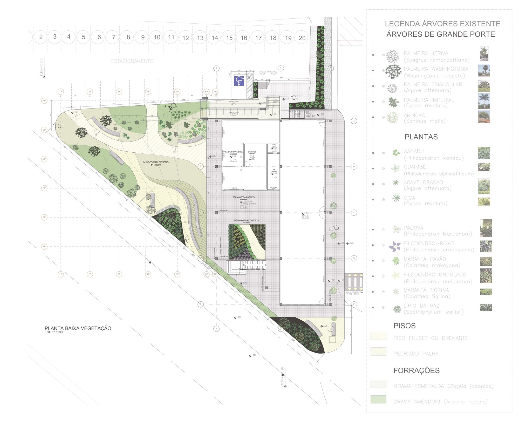 Ground floor landscape plan showing curving paths, planted areas, building footprint, and tree species legend