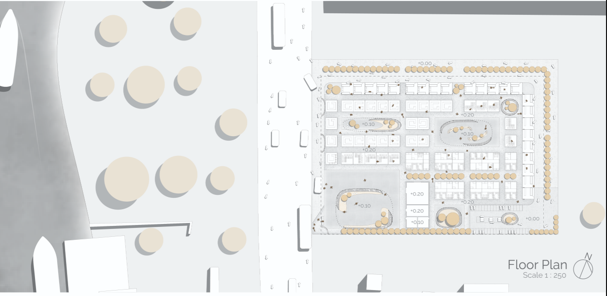 Integrated master plan organizing circulation, market modules, and public spaces around mobility-driven design