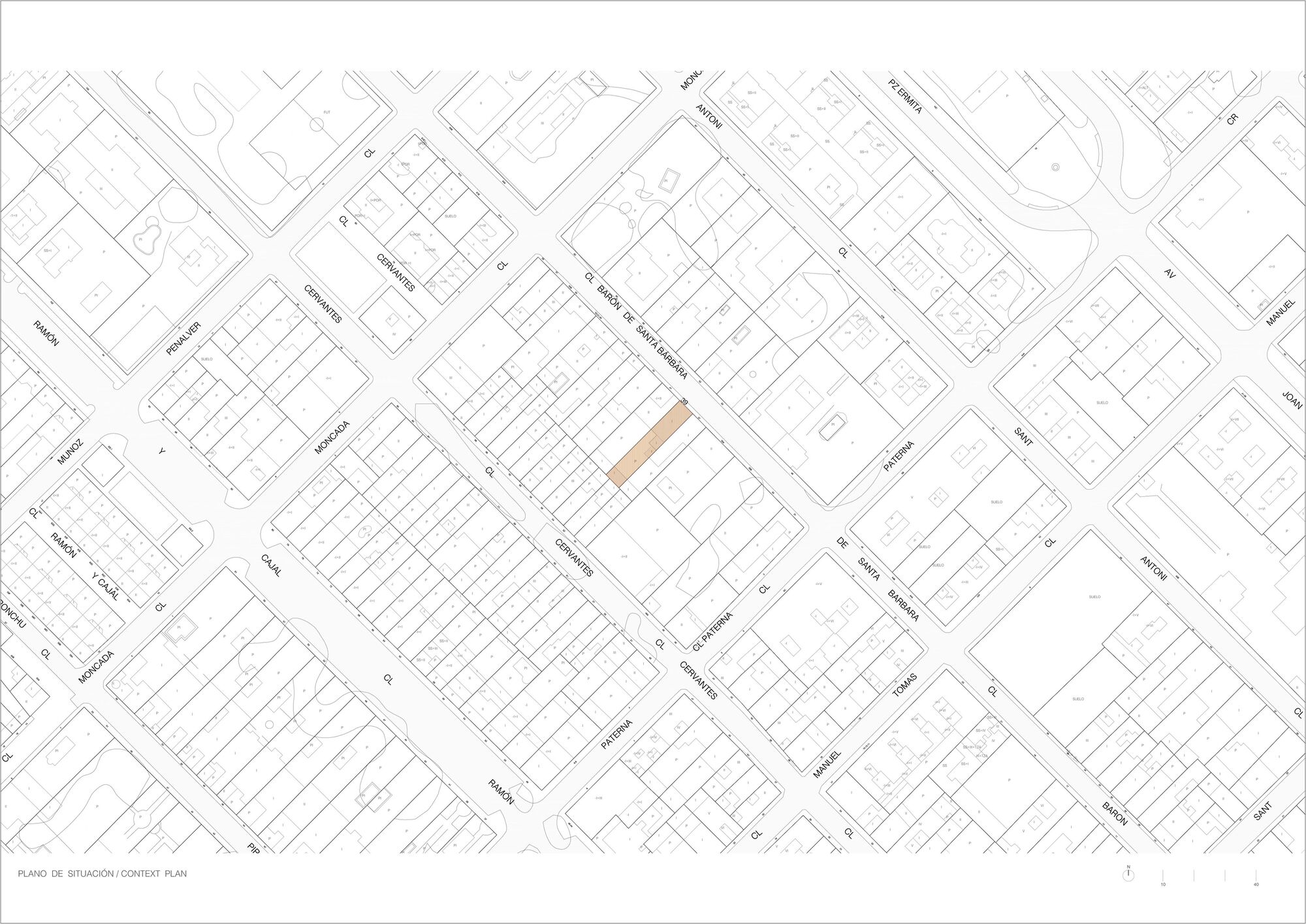 Site plan drawing showing a single building plot highlighted within the surrounding urban block