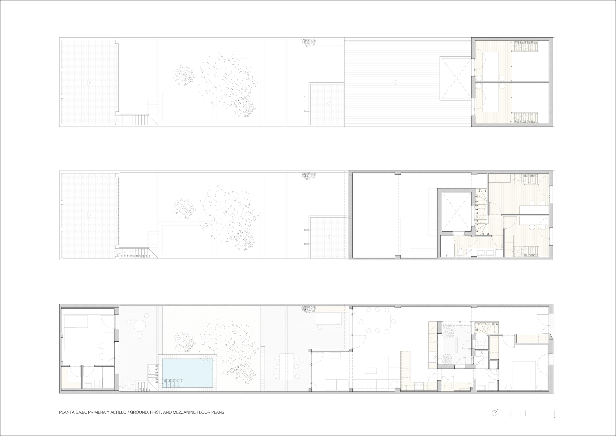 Floor plan drawings showing three levels with a central courtyard pool and surrounding rooms