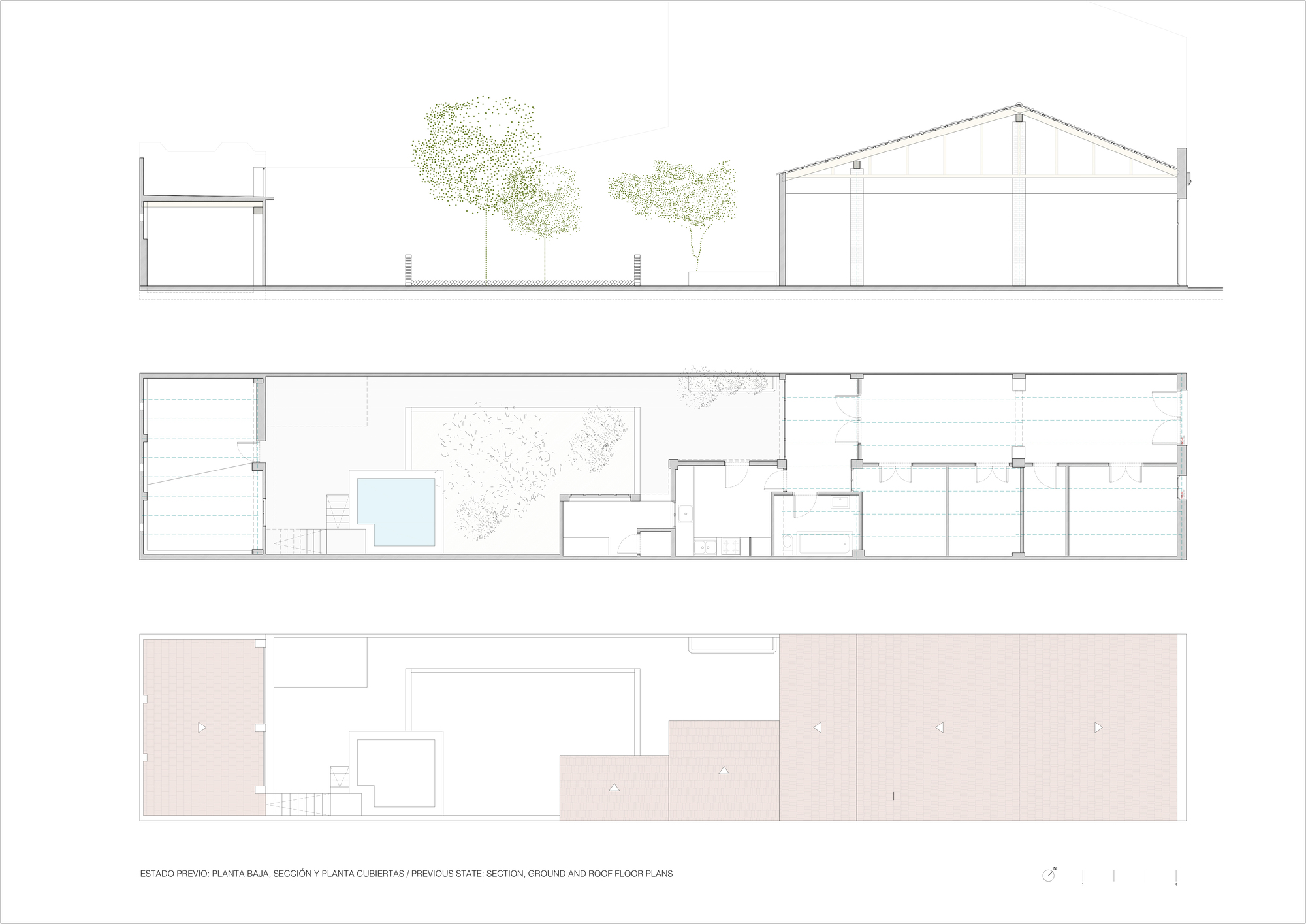 Section, floor plan and roof plan drawings showing gabled volumes with courtyard and trees