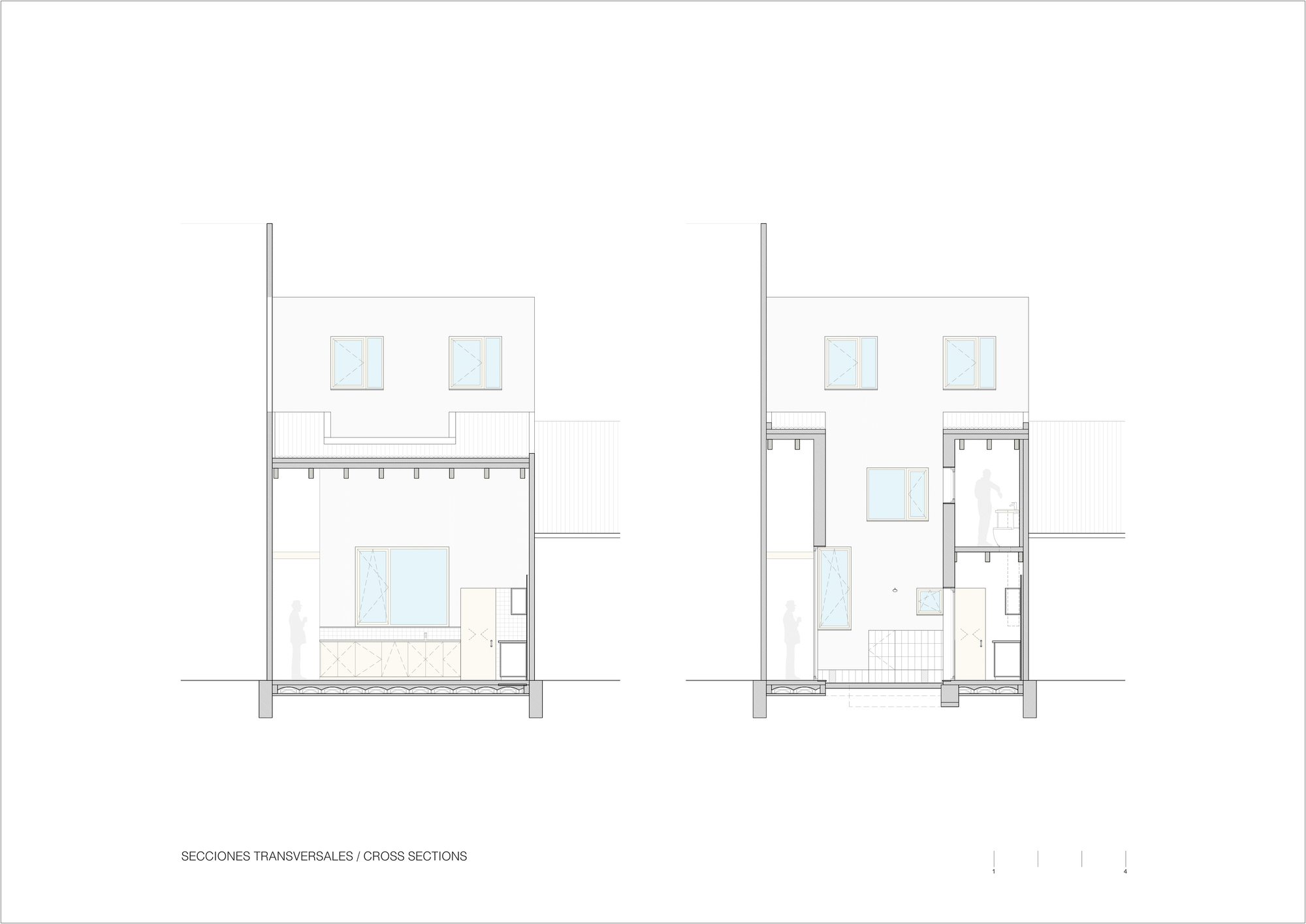 Cross section drawings revealing double-height spaces with upper level windows and courtyard pool