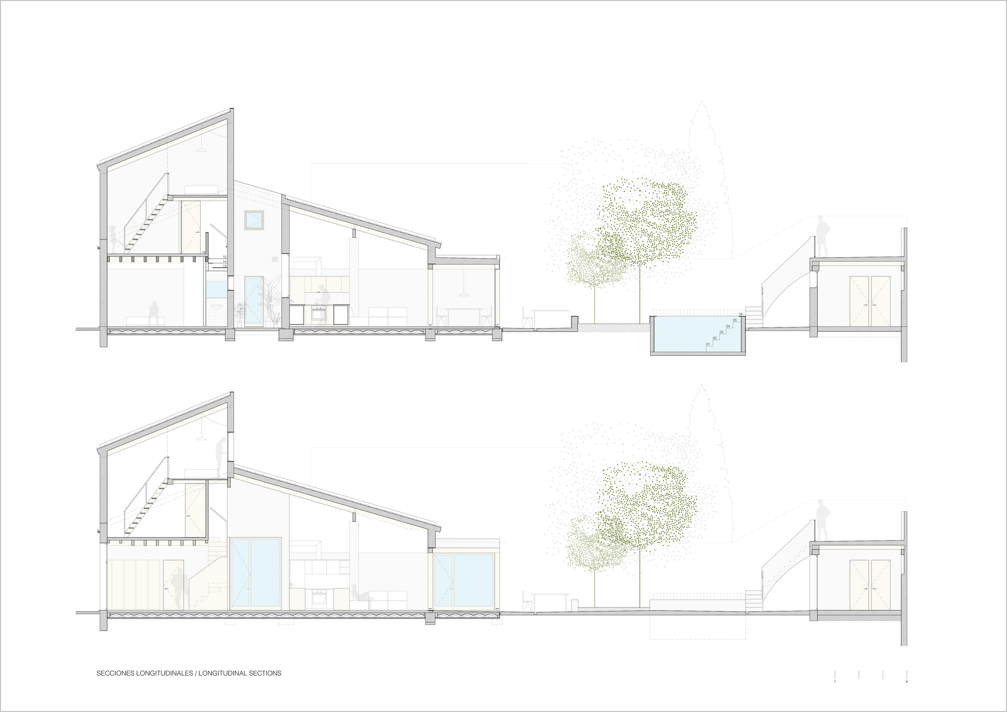 Longitudinal section drawings showing sloped roofs, interior staircase and exterior tree canopy