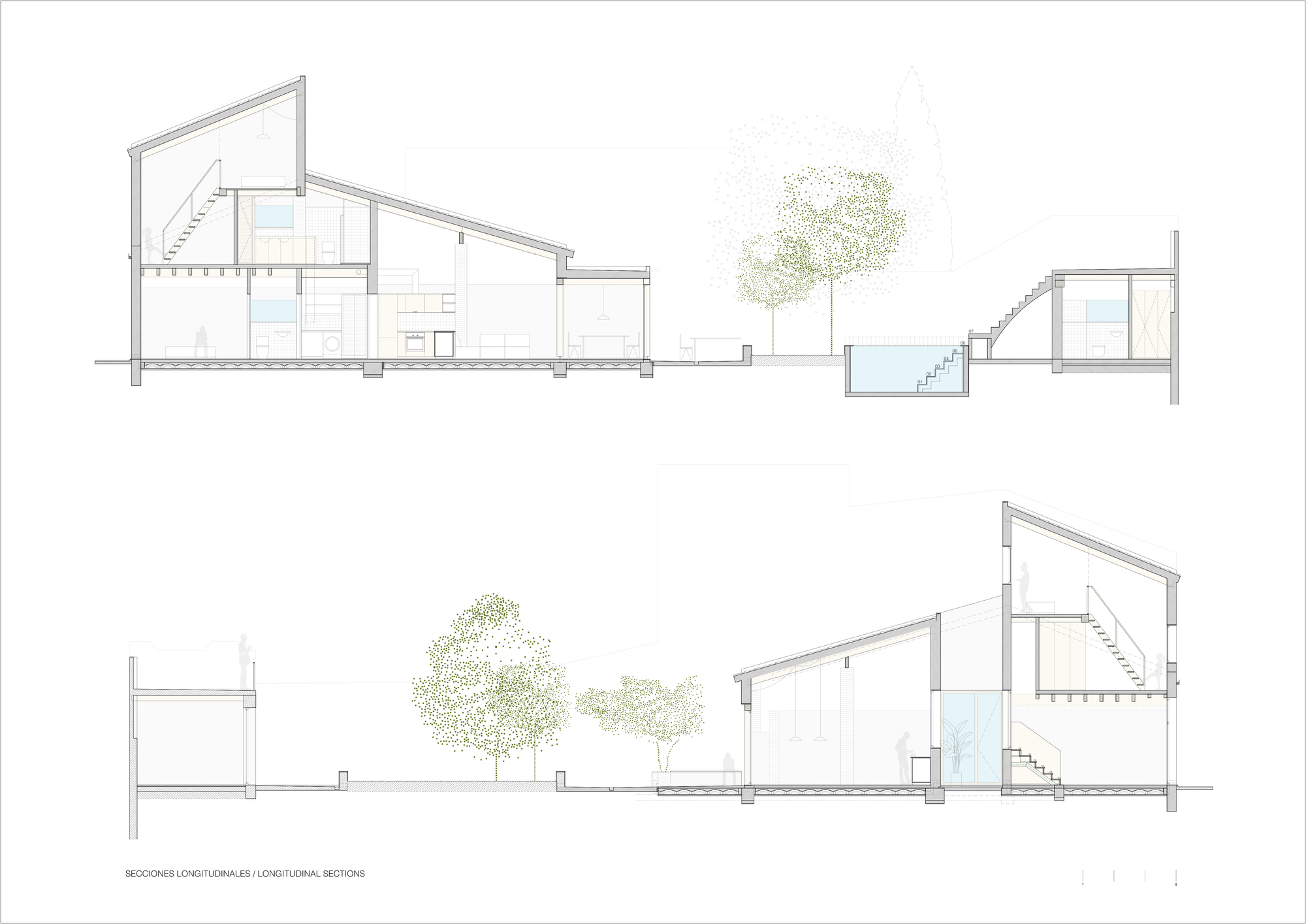 Longitudinal section drawings depicting varied roof angles and exterior pool with adjacent trees