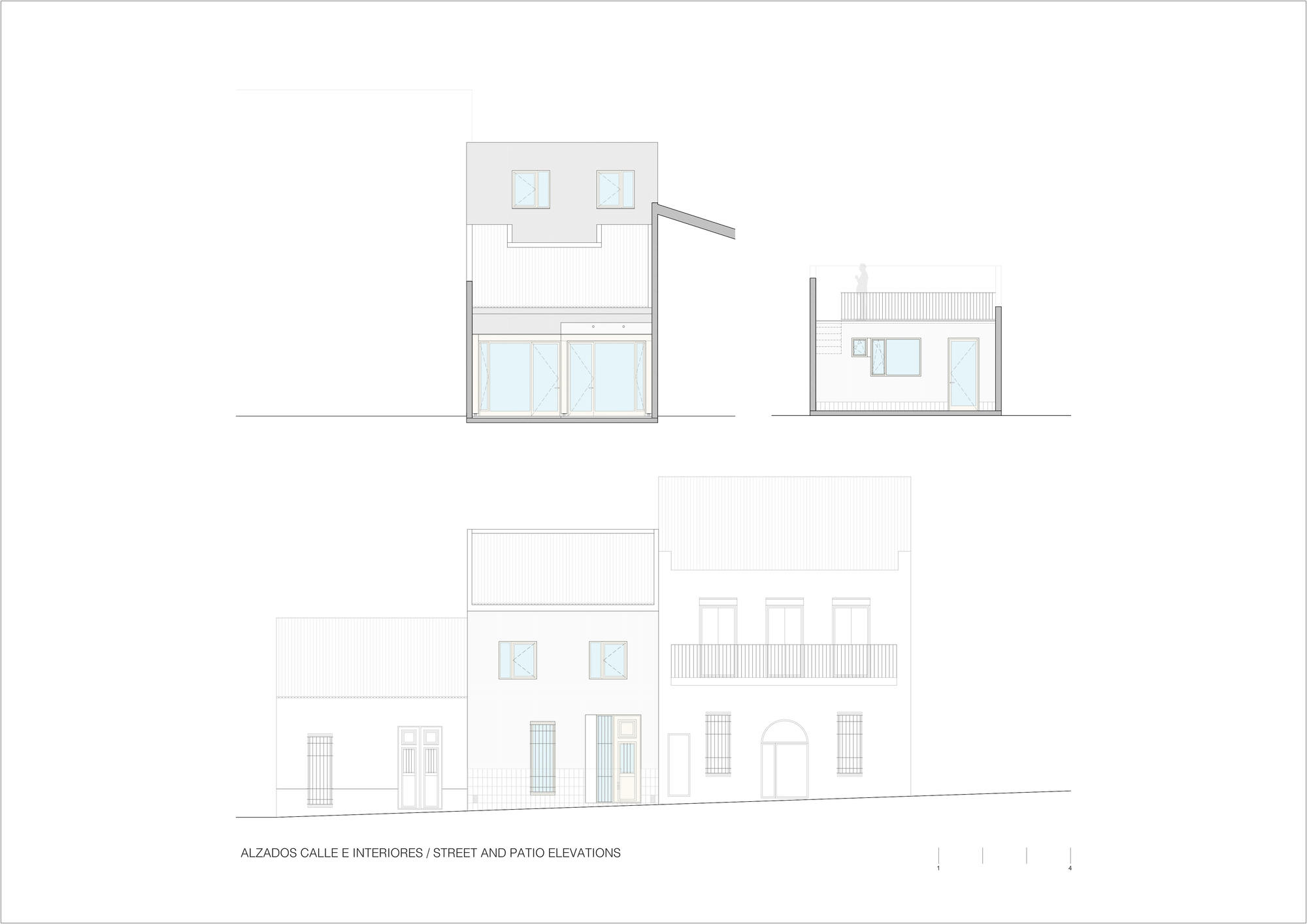 Street and patio elevation drawings showing window arrangements and door openings across multiple facades