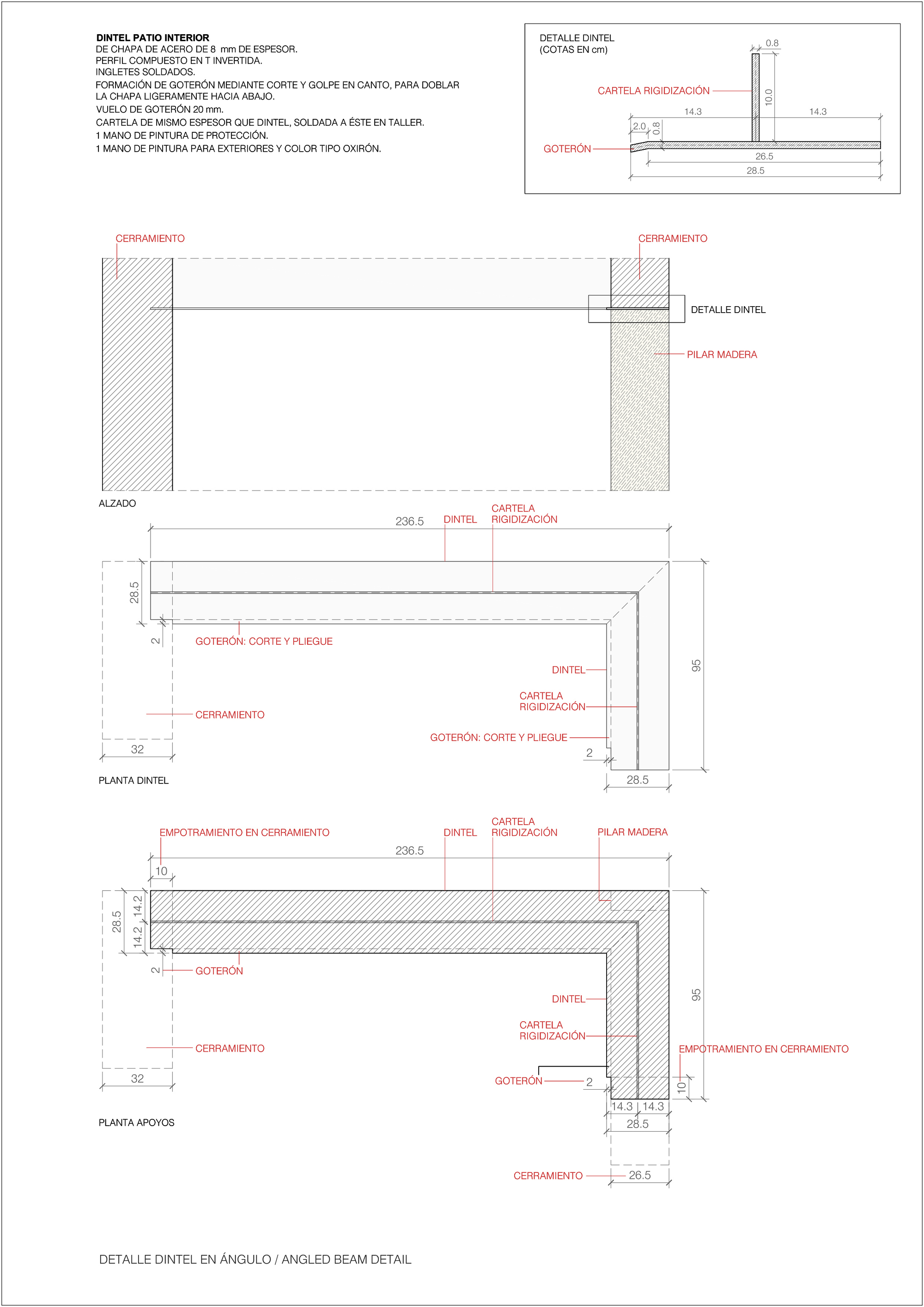 Detail drawings of angled beam connection showing lintel assembly in plan and section views