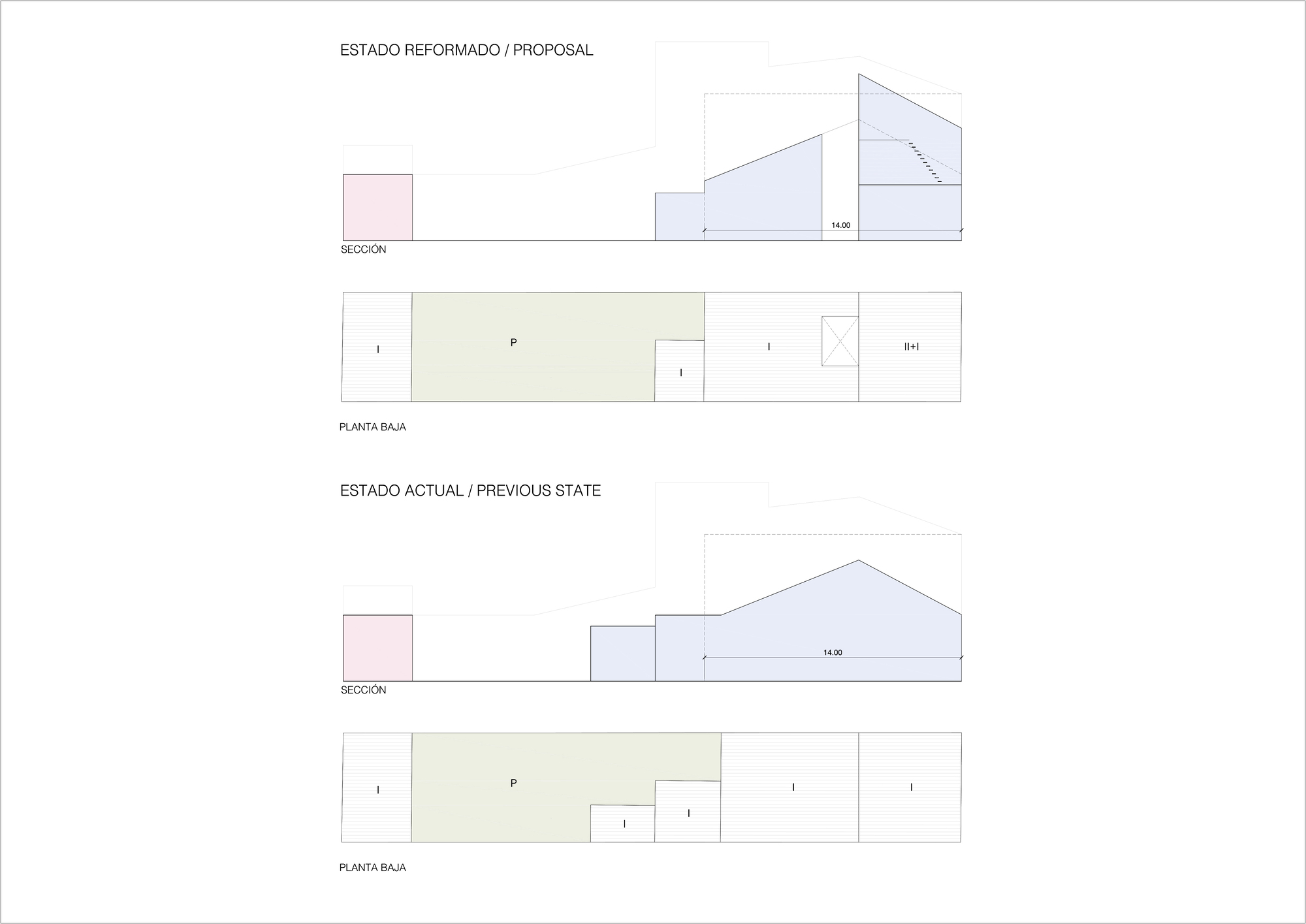 Comparative plan and section drawings showing proposed renovation alongside existing building configuration