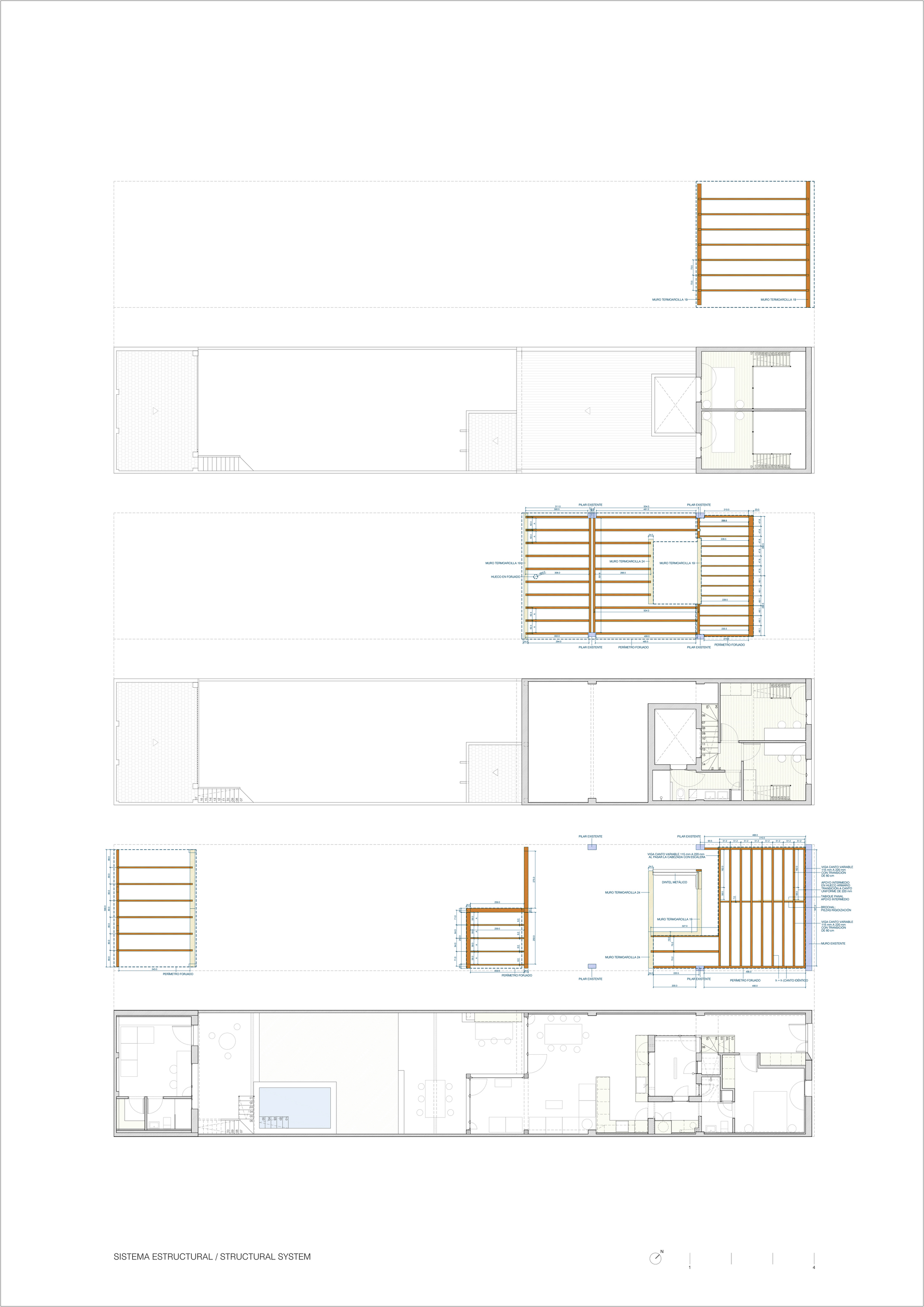 Structural system drawings showing timber framing layout across multiple floor levels and elevations