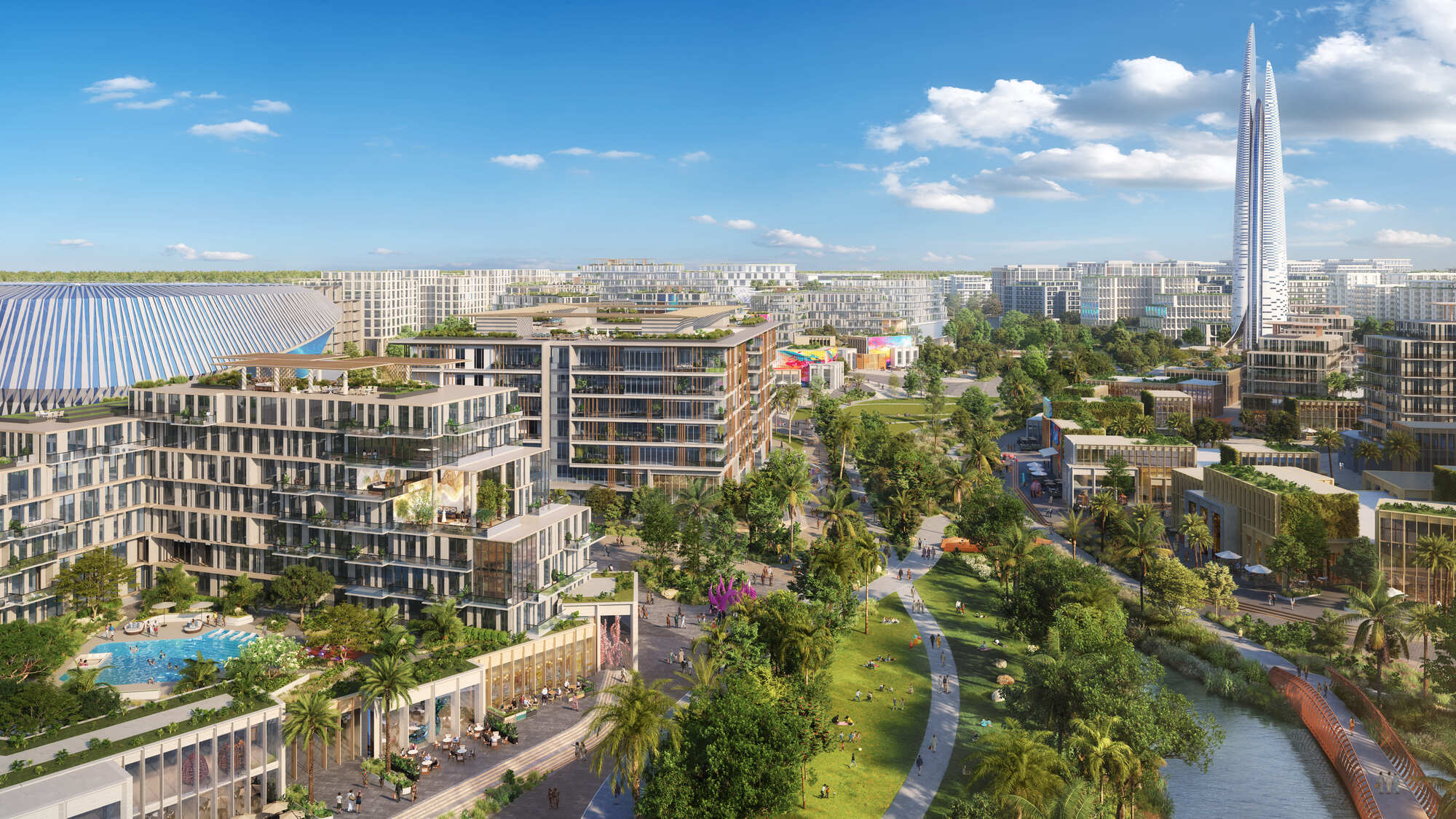 Rooftop terrace gardens and swimming pool connecting mid-rise buildings with landscaped pathways under a blue sky