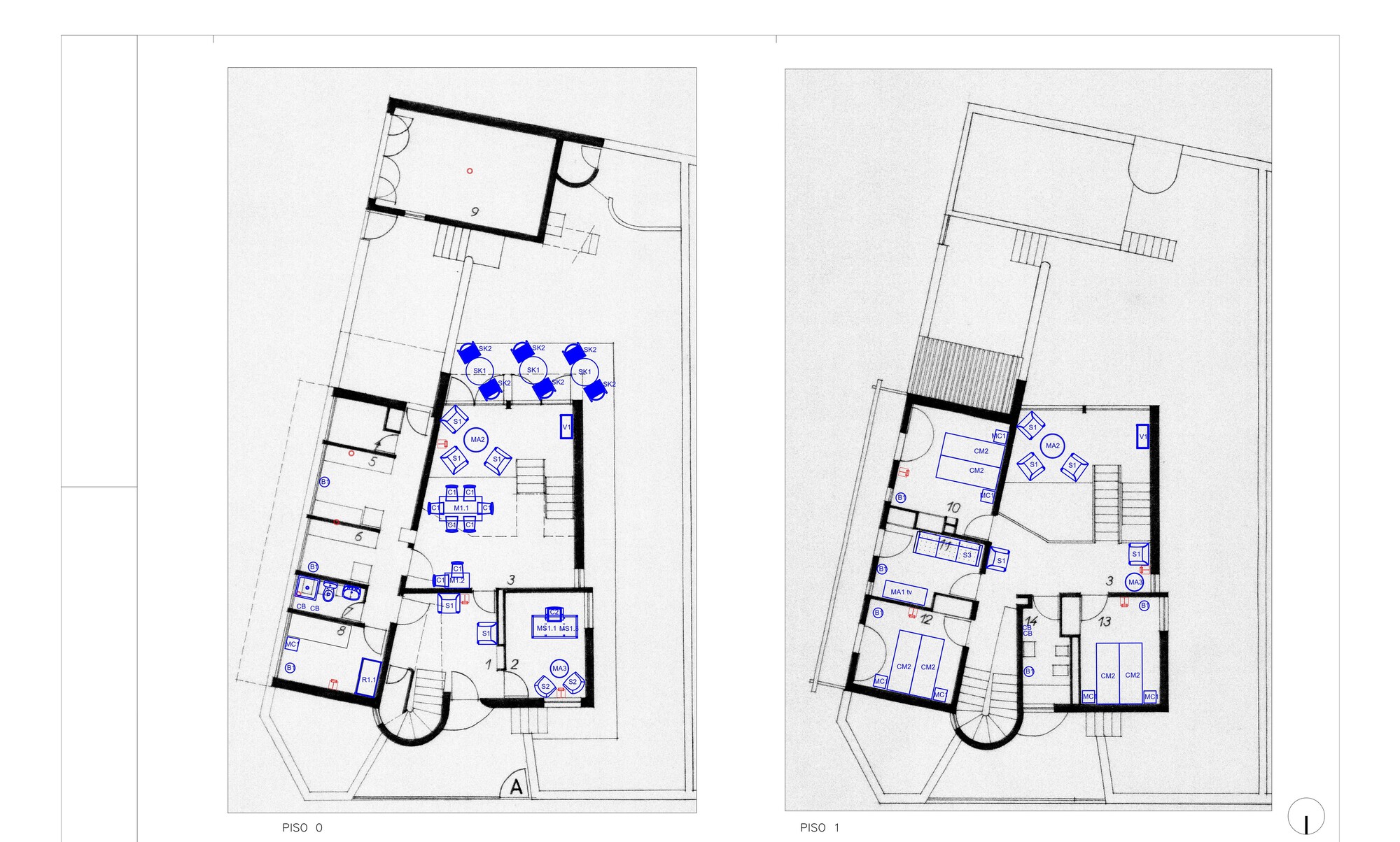 Floor plan drawings showing two levels with furniture layouts and stair locations