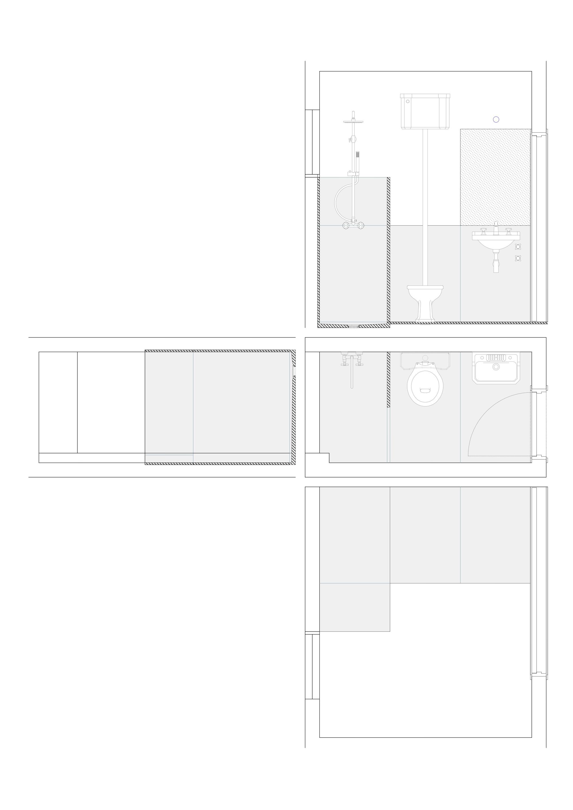 Section drawings showing bathroom layouts with fixtures and vertical circulation through multiple levels