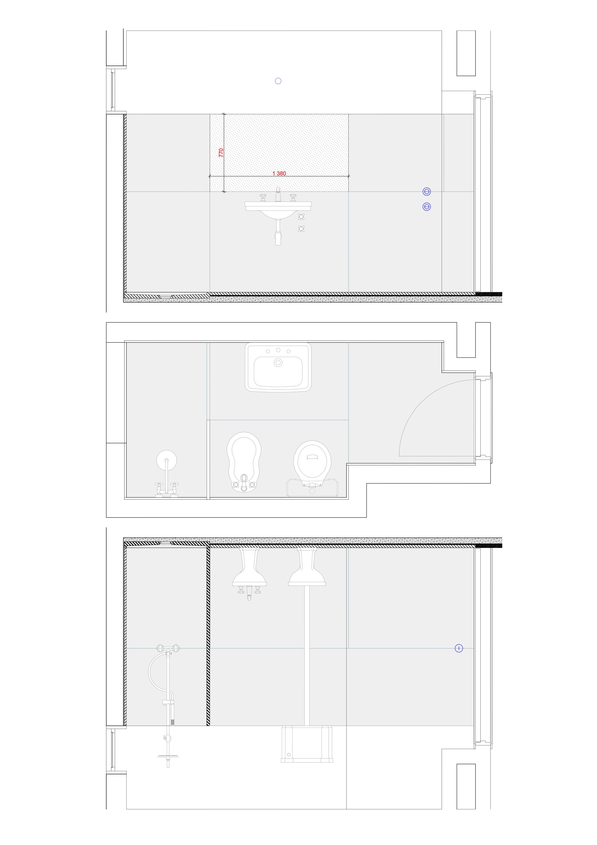 Enlarged plan and section drawings detailing bathroom and kitchen arrangements with dimensional annotations
