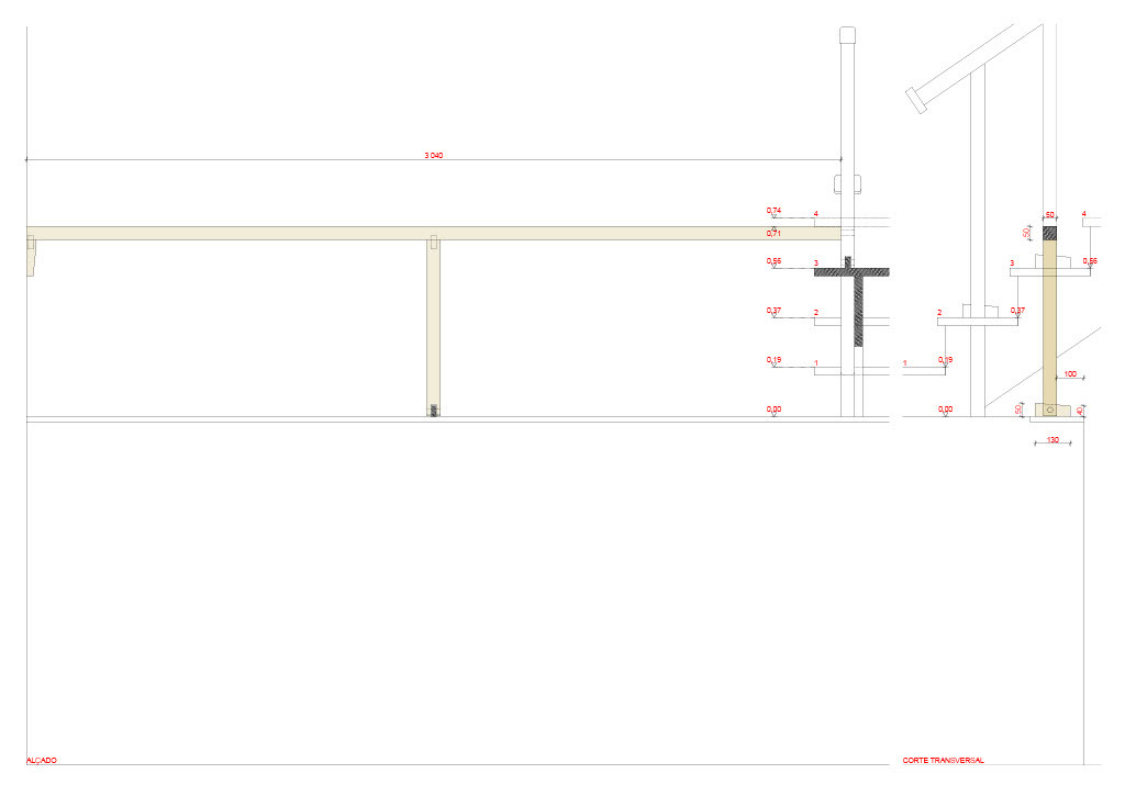 Section drawing showing ceiling structure with timber beams and detailed wall assembly connections
