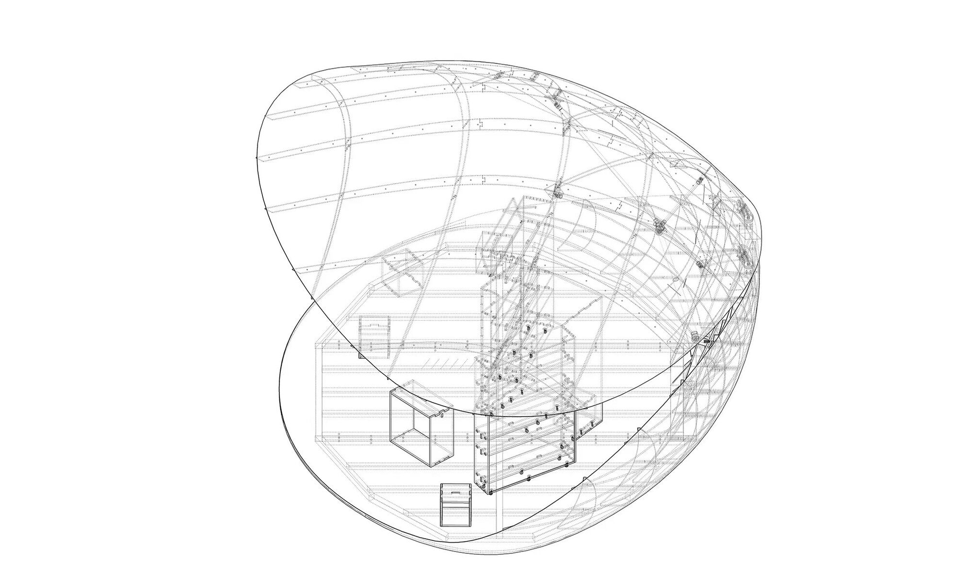 Axonometric drawing showing the curved shell structure with central stair tower and interior furnishings