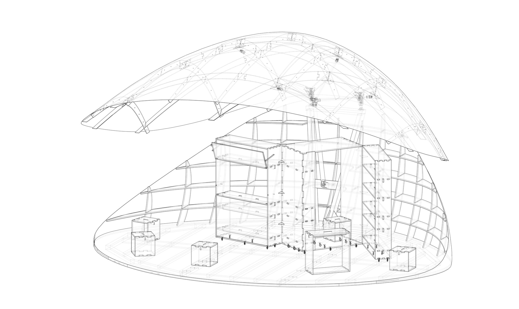 Exploded axonometric drawing showing the domed roof structure lifted above the interior volumes and furniture layout