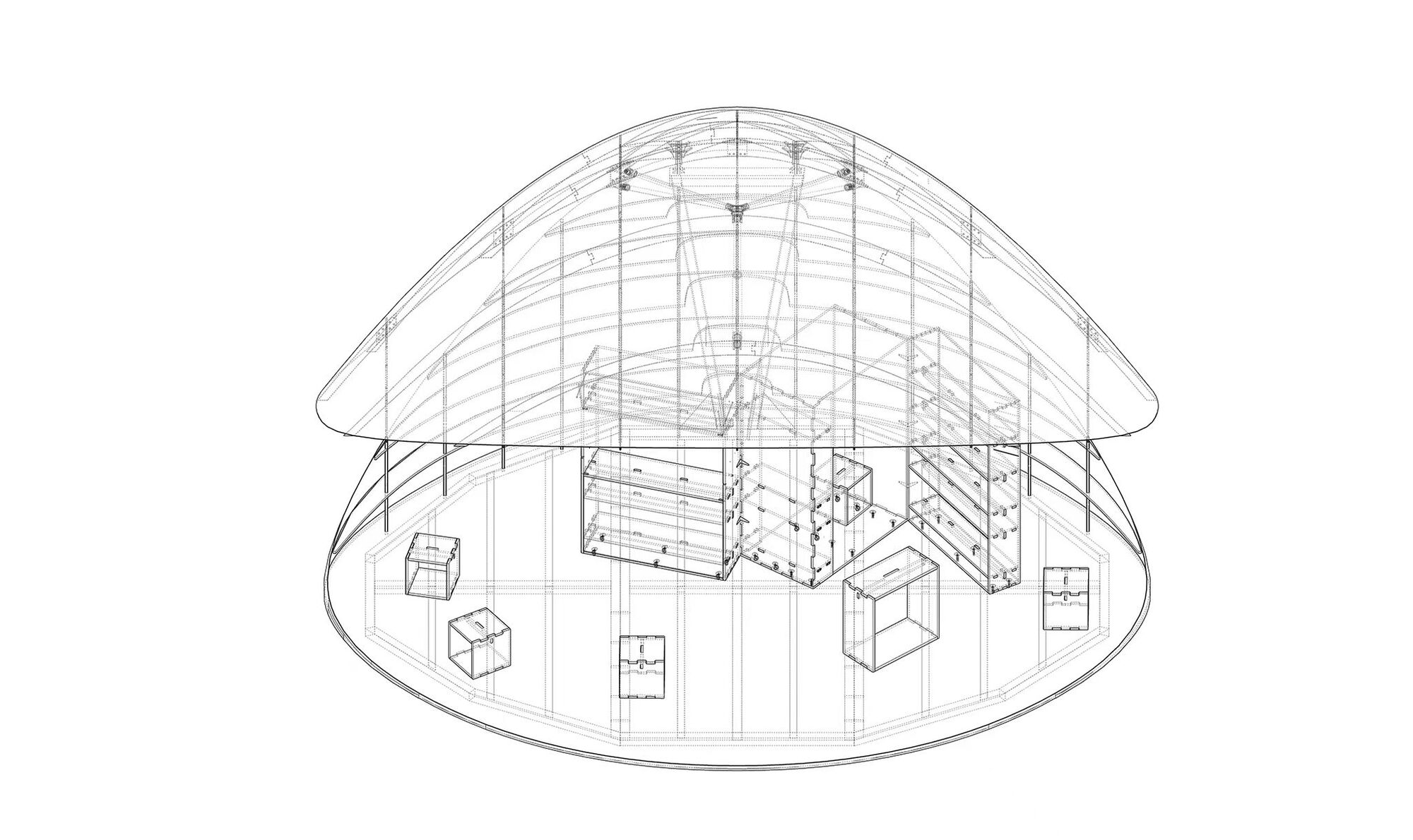 Axonometric drawing depicting the gridded dome enclosing central volumes and perimeter furniture pieces