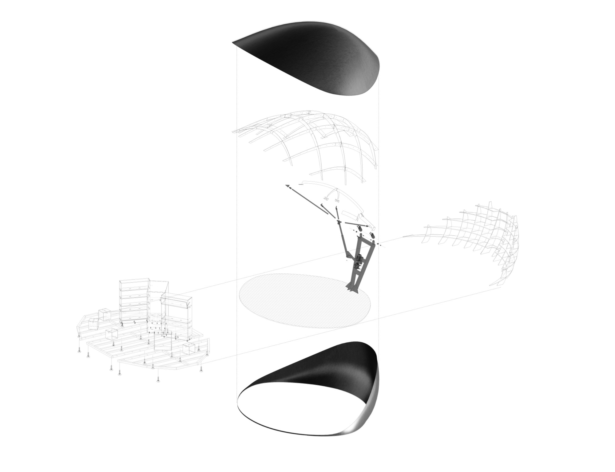Exploded axonometric drawing with separated curved shell elements, figure on swing, and spatial volumes