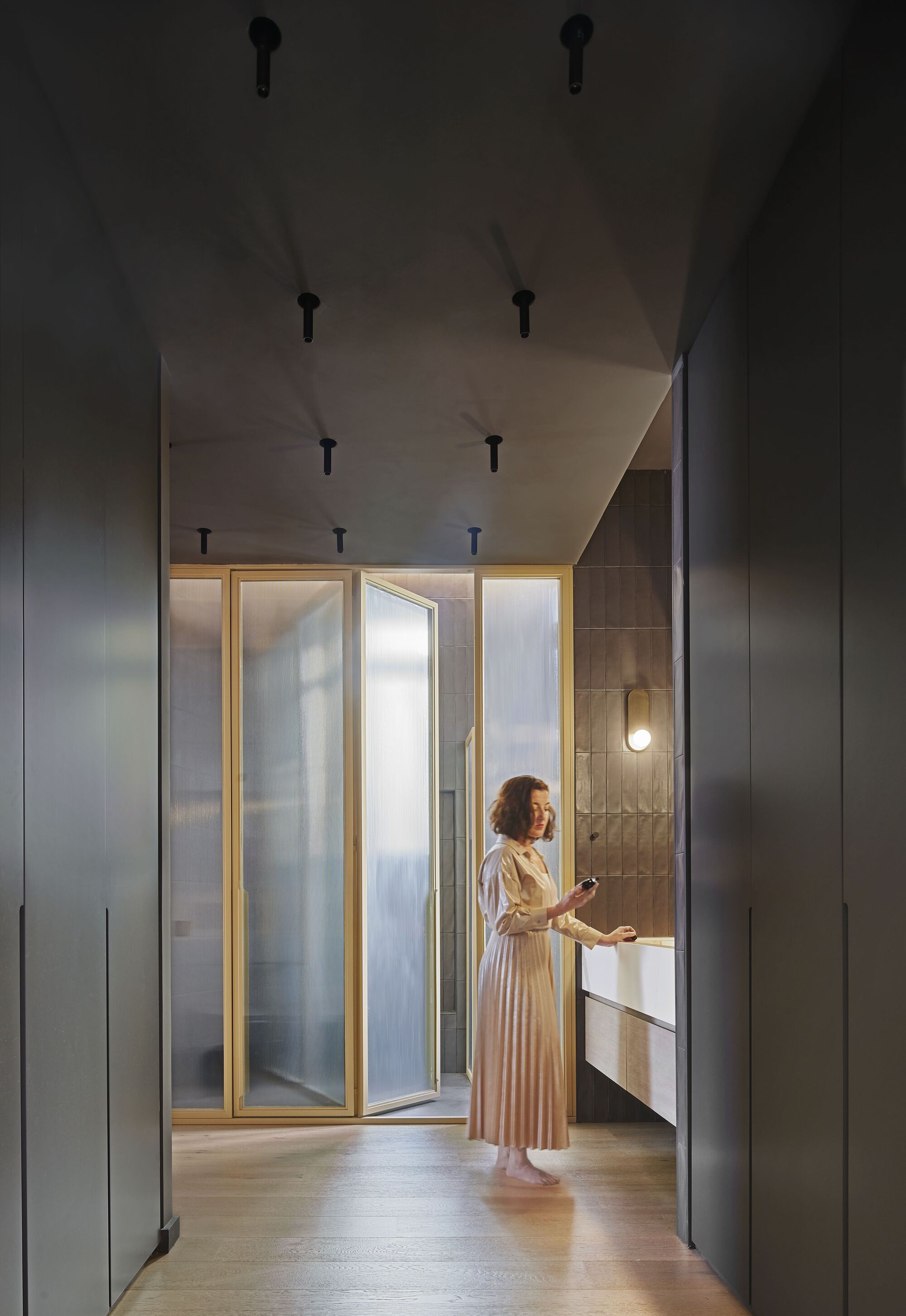 Interior hallway with pale plywood ceiling, dark grey storage walls and folding glass partition with brass frames