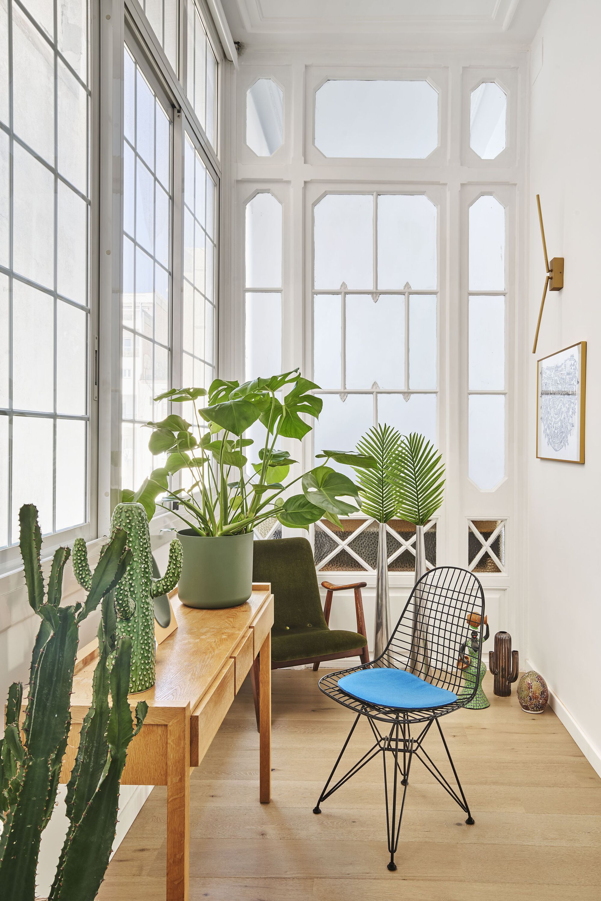 Sunlit corner with tall gridded windows, potted plants on timber bench and wire chairs on oak flooring