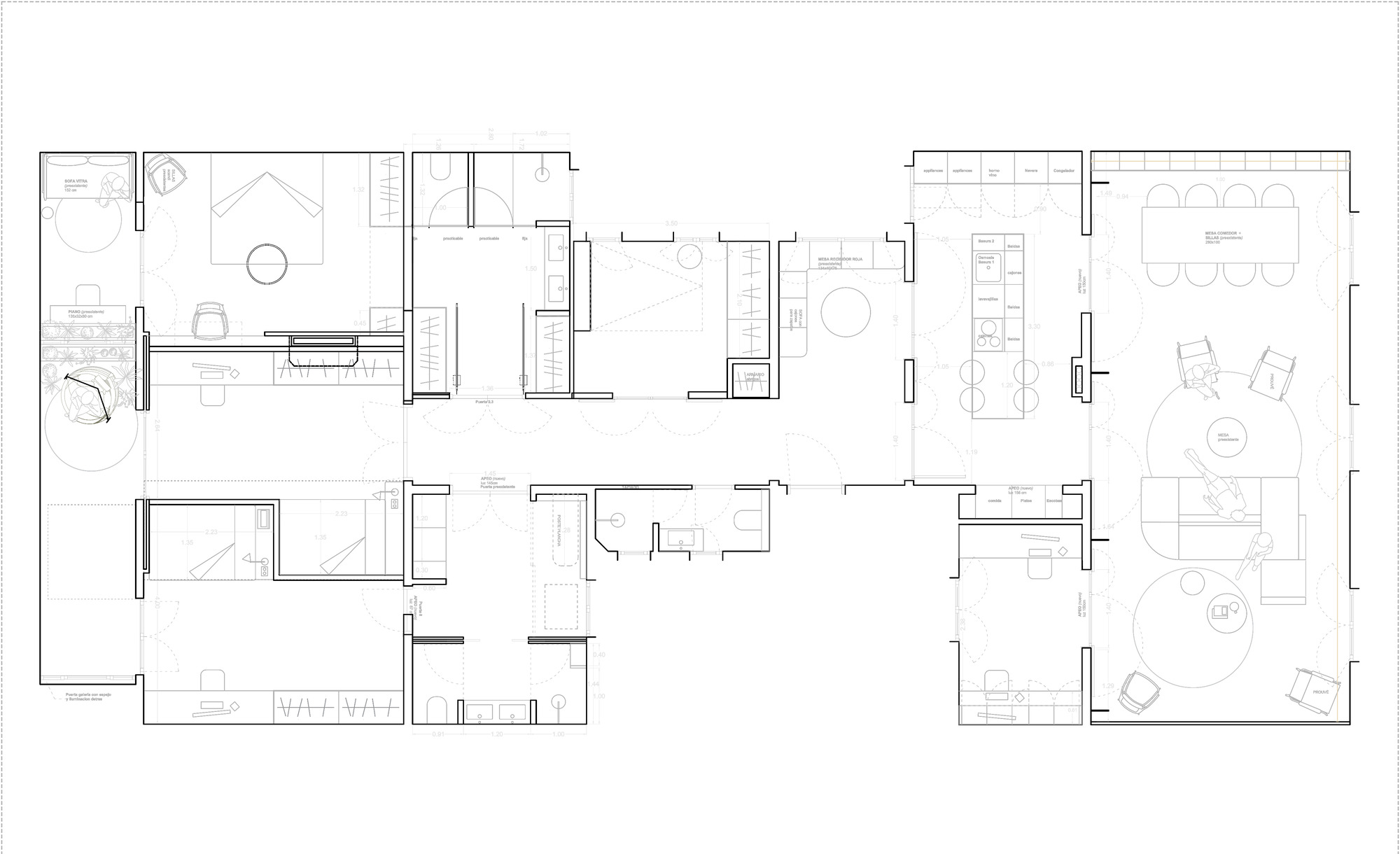 Floor plan drawing showing residential layout with living areas, bedrooms, bathrooms and kitchen