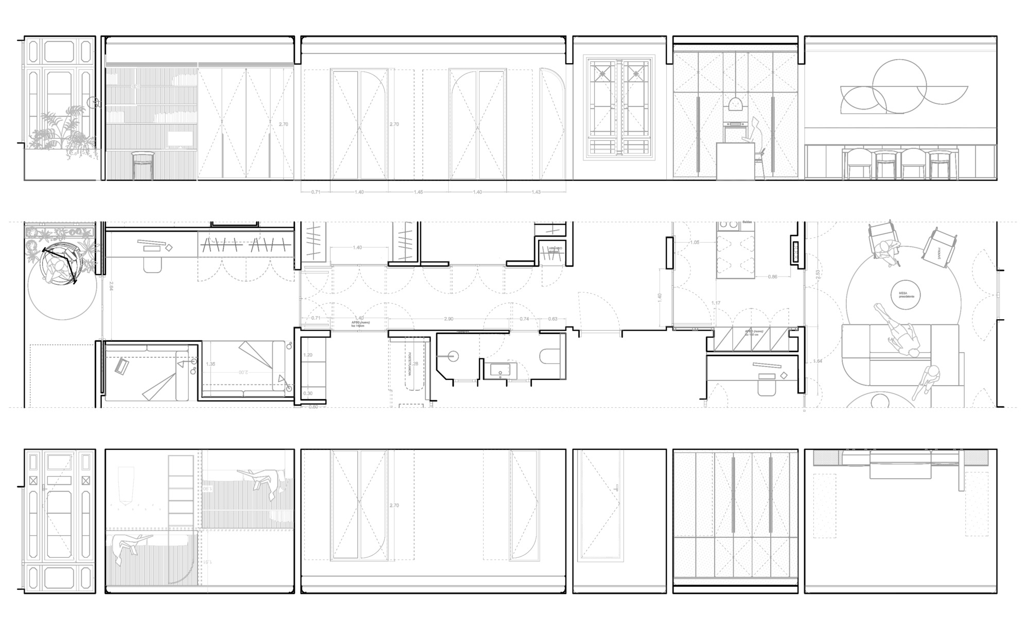 Combined floor plan and elevation drawing displaying interior room arrangement and wall treatments