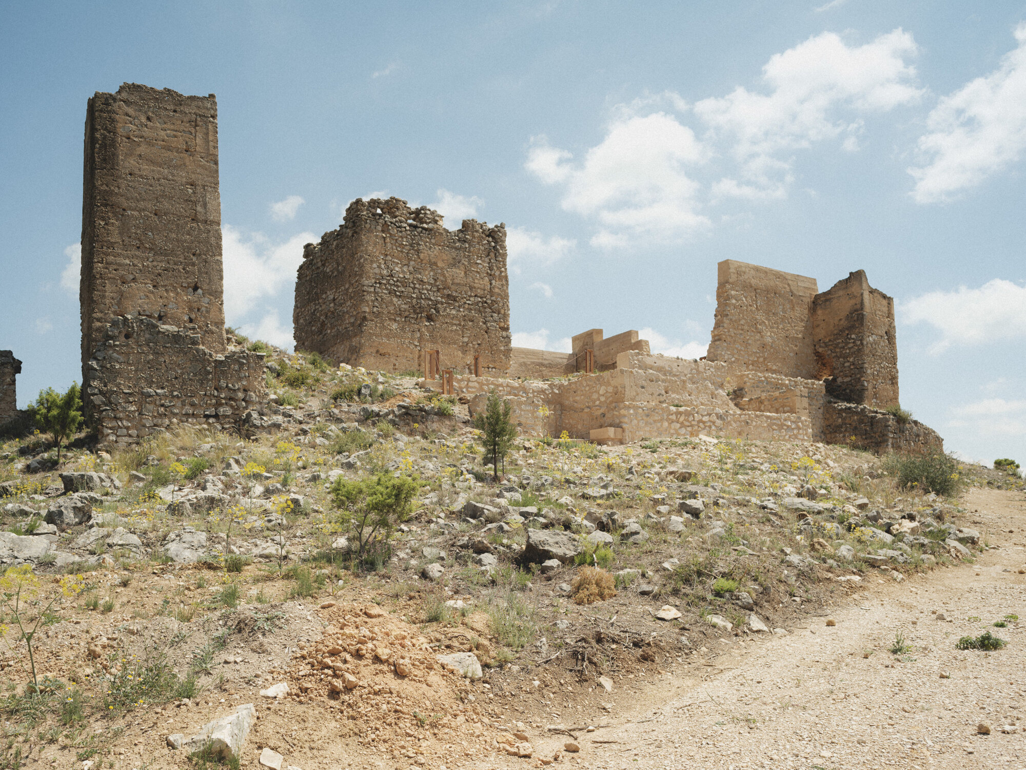 Hillside view of multiple stone towers and fortification walls scattered across an arid landscape