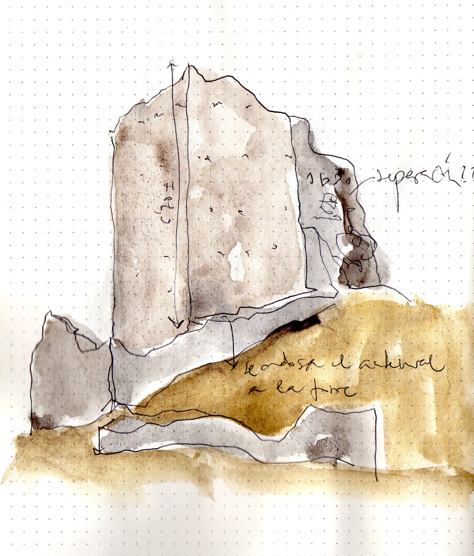 Watercolor sketch showing a weathered tower fragment with handwritten notes and dimensional arrows