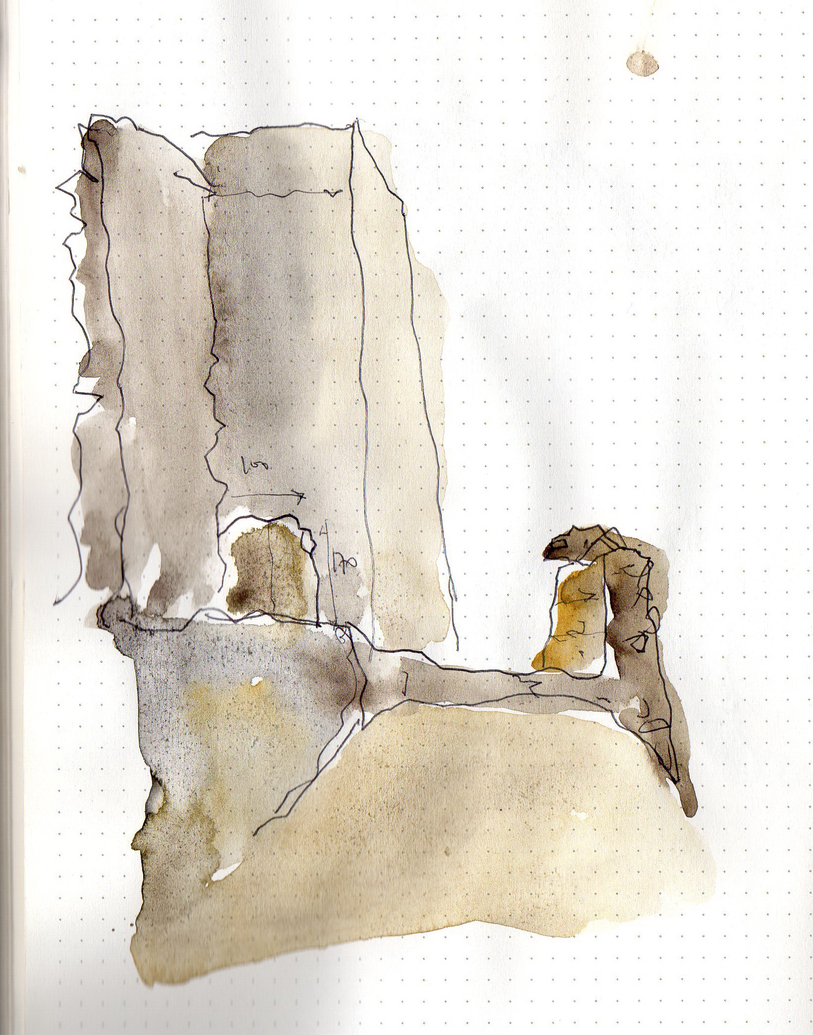 Watercolor sketch depicting eroded masonry walls with remnants of openings and ground plane