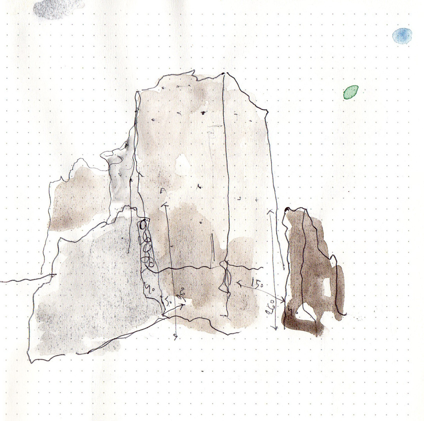 Watercolor sketch of a crumbling tower ruin with adjacent wall fragments under cloudy sky