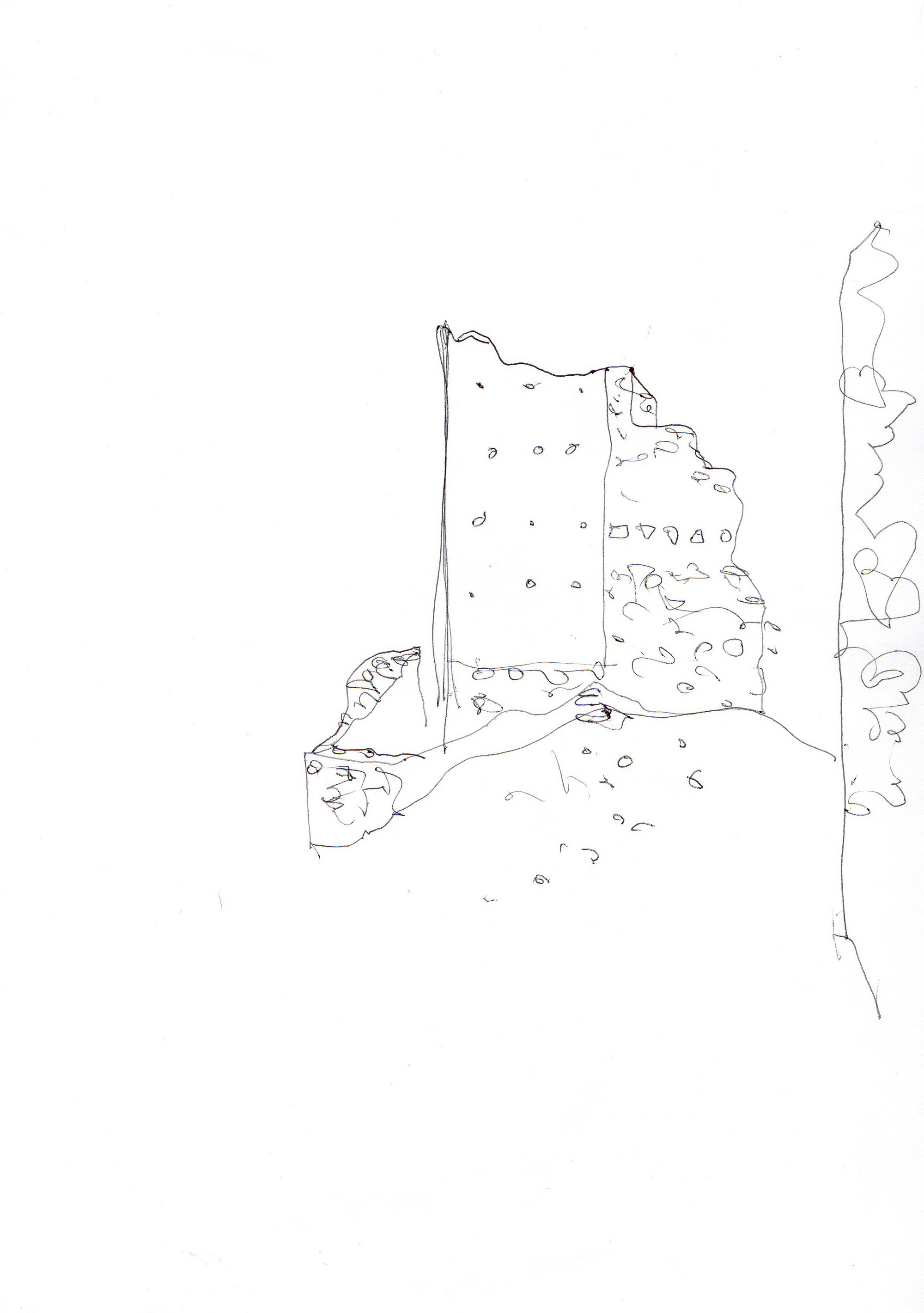 Line drawing sketch showing a fortification ruin with stepped base and scattered rubble