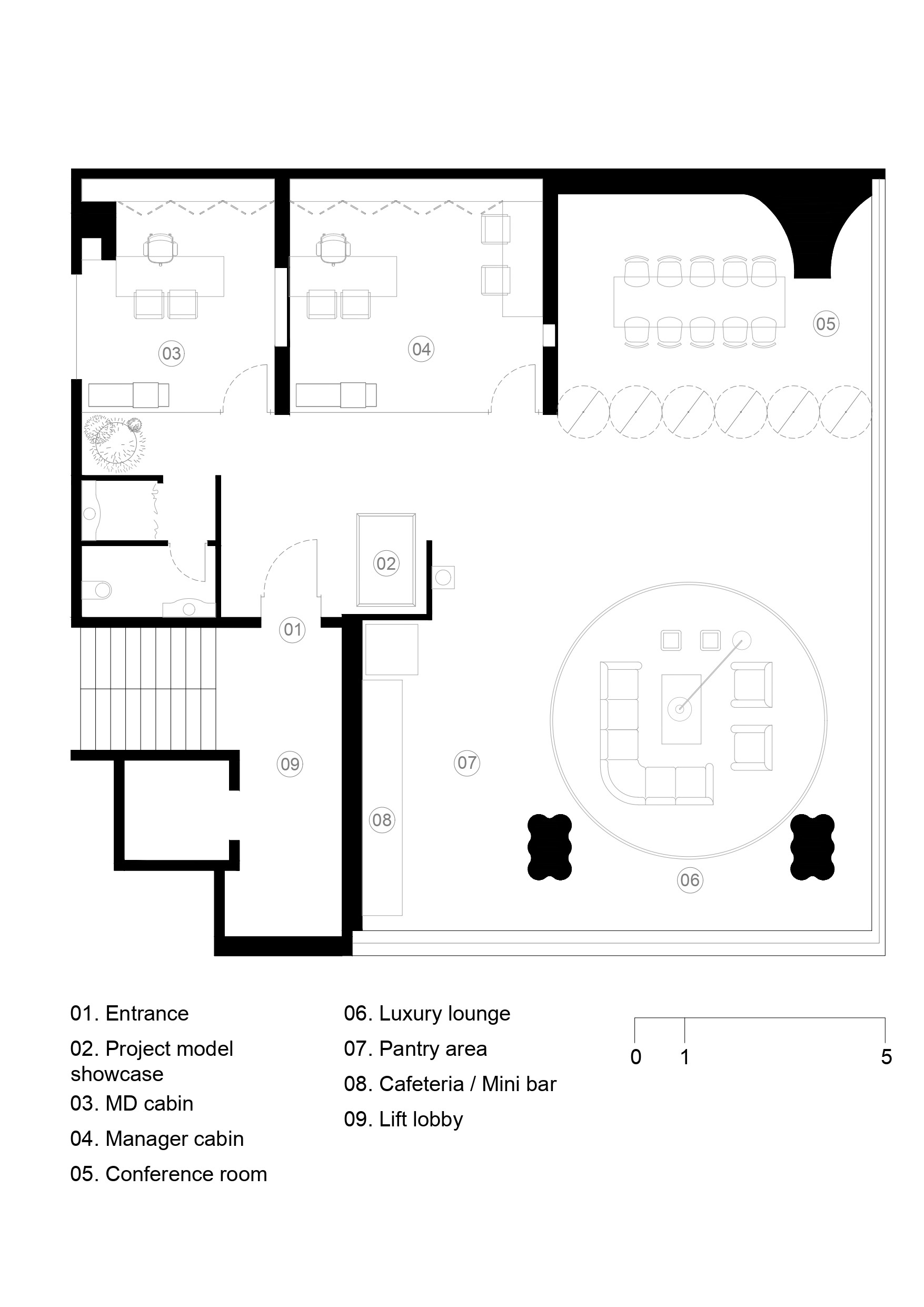 Floor plan drawing showing entrance lobby, work cabins, conference room, and circular luxury lounge