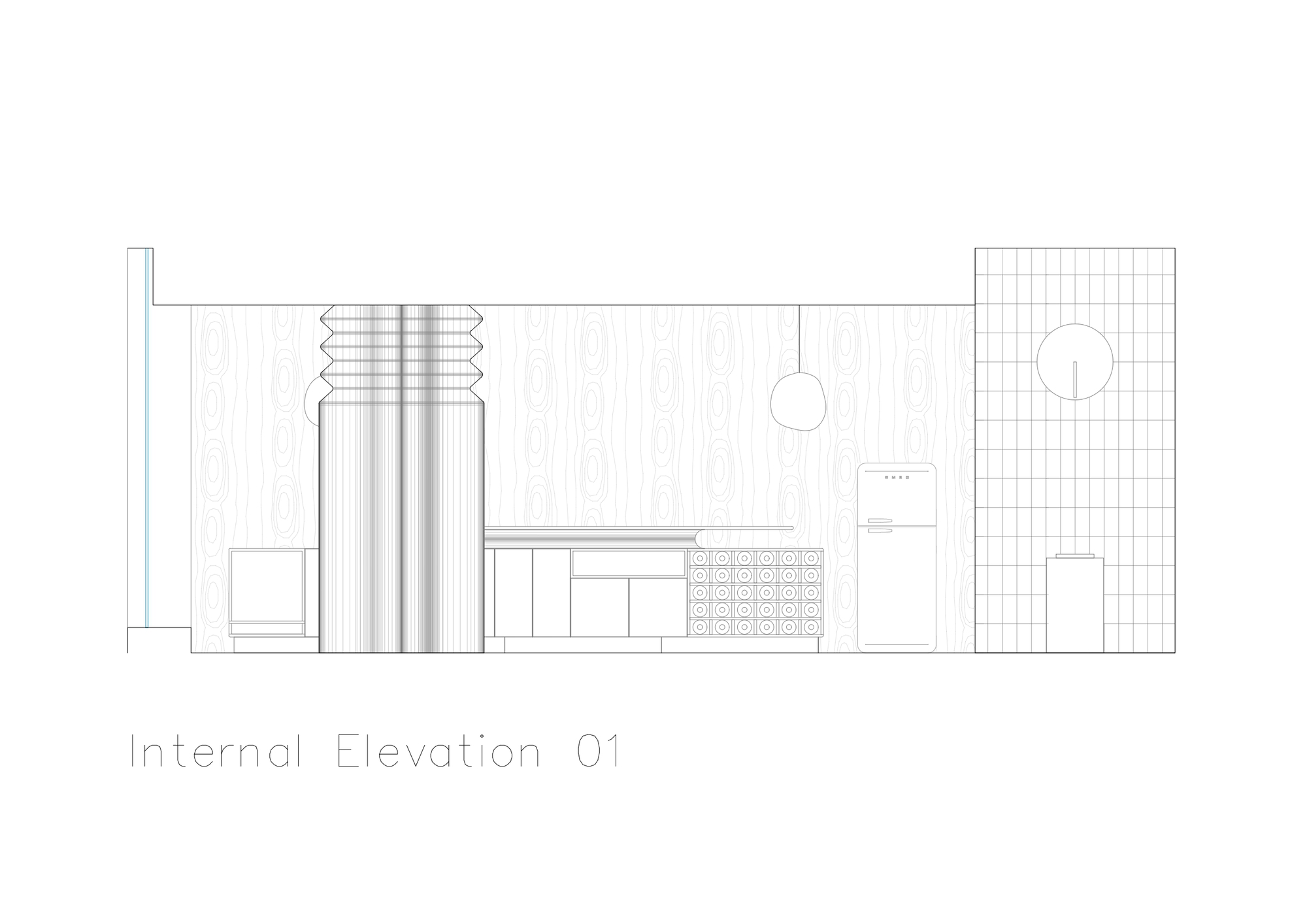 Internal elevation drawing showing wood paneling, decorative tile backsplash, and tiled wall partition