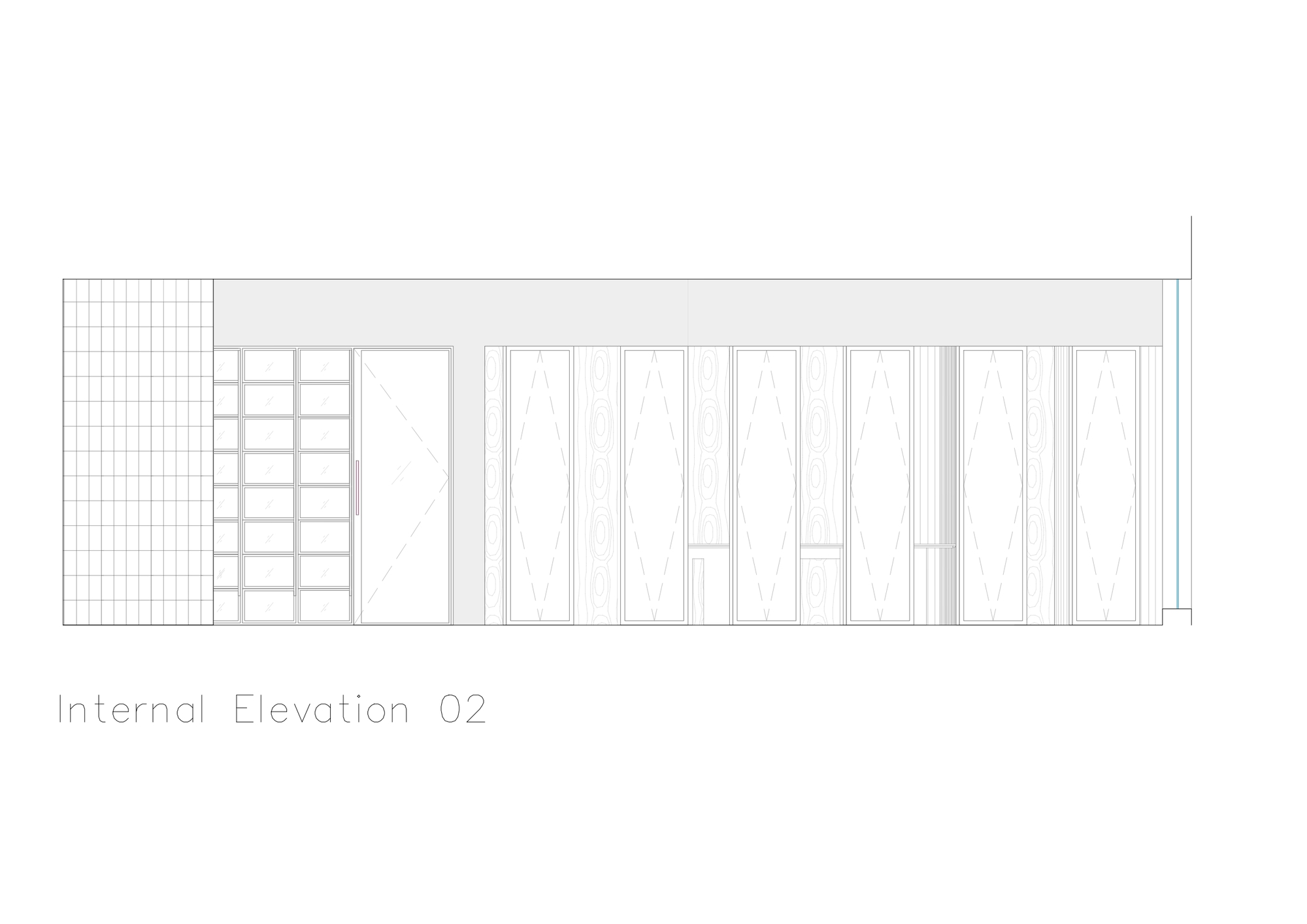 Internal elevation drawing depicting vertical wood slat wall with tiled surface at left edge