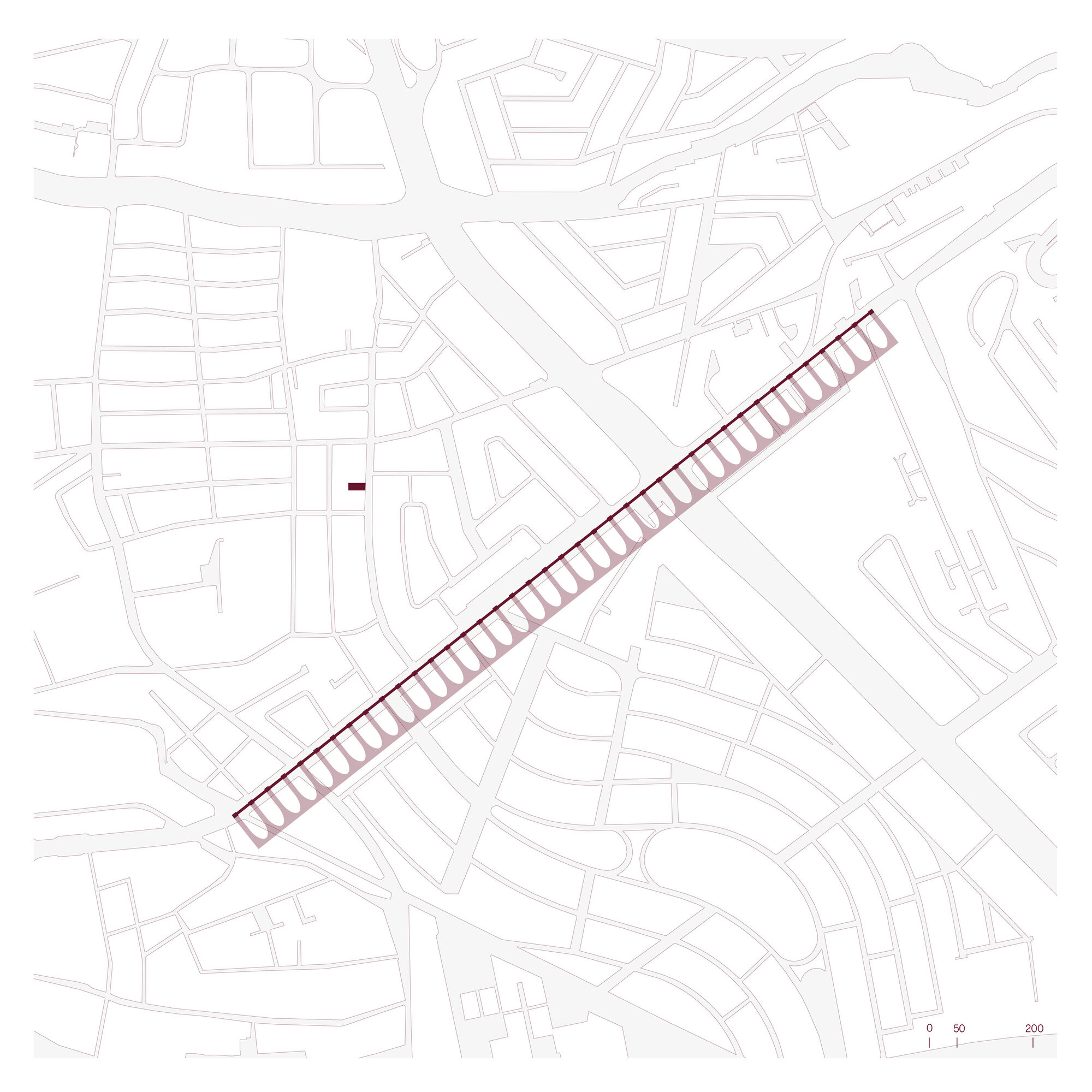 Site plan drawing showing the diagonal linear form intersecting the urban street grid with landscaped courtyards