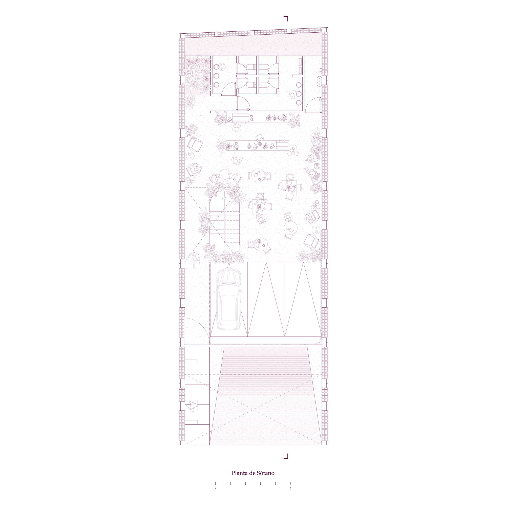 Floor plan drawing depicting a terraced layout with planted courtyard, parking bay, and enclosed service area