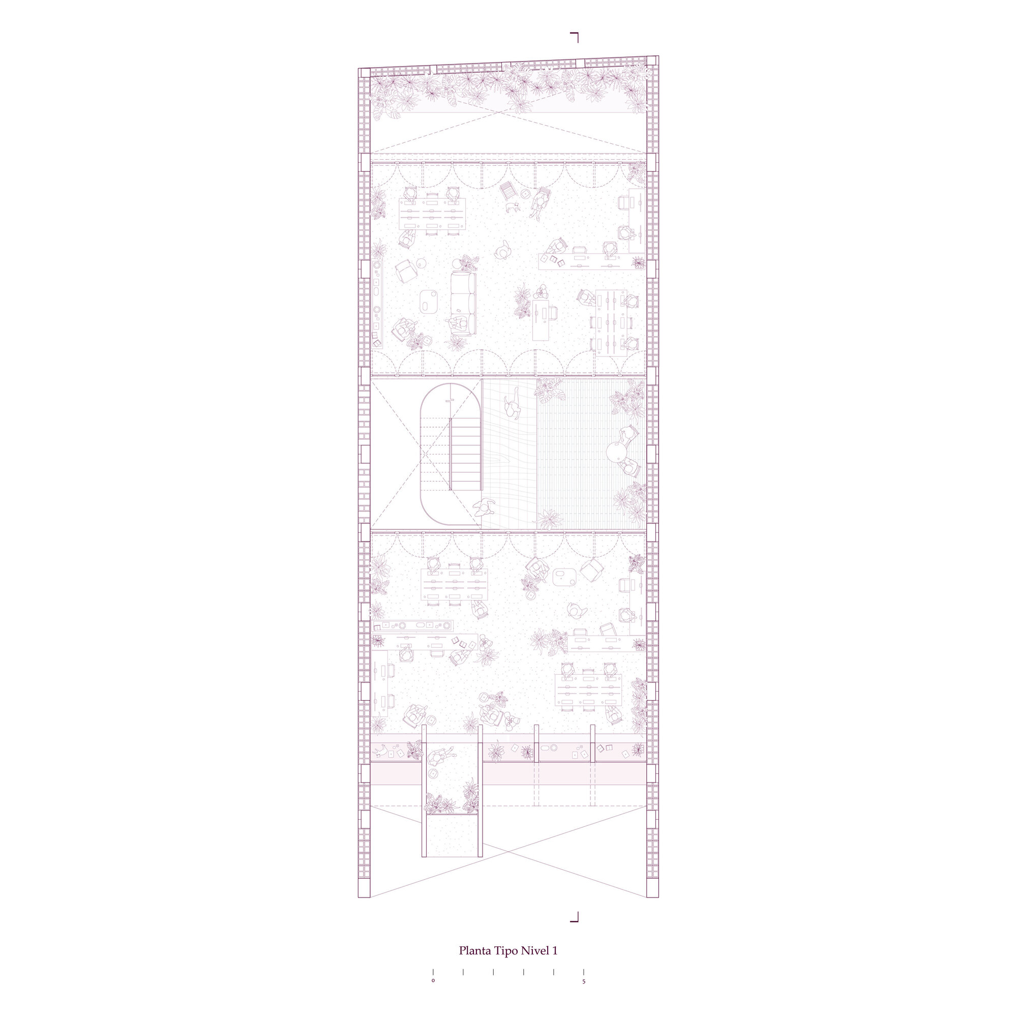 Floor plan drawing showing multiple levels with furnished rooms, a central oval staircase, and rooftop terrace