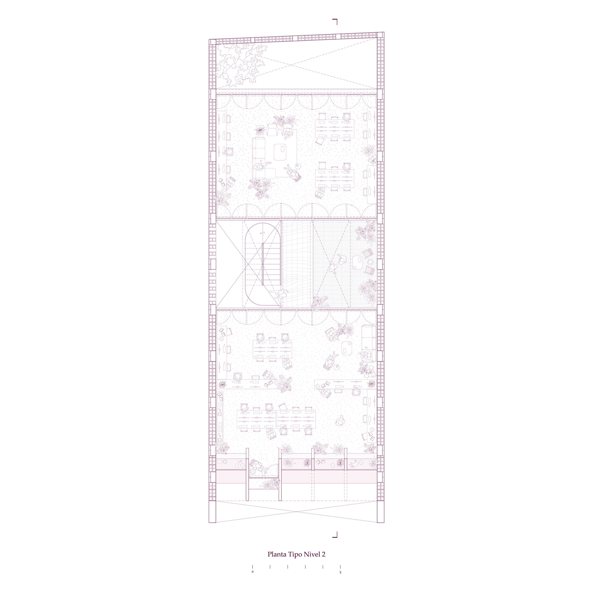 Floor plan drawing depicting stacked levels with work areas, an oval staircase, and rooftop garden space