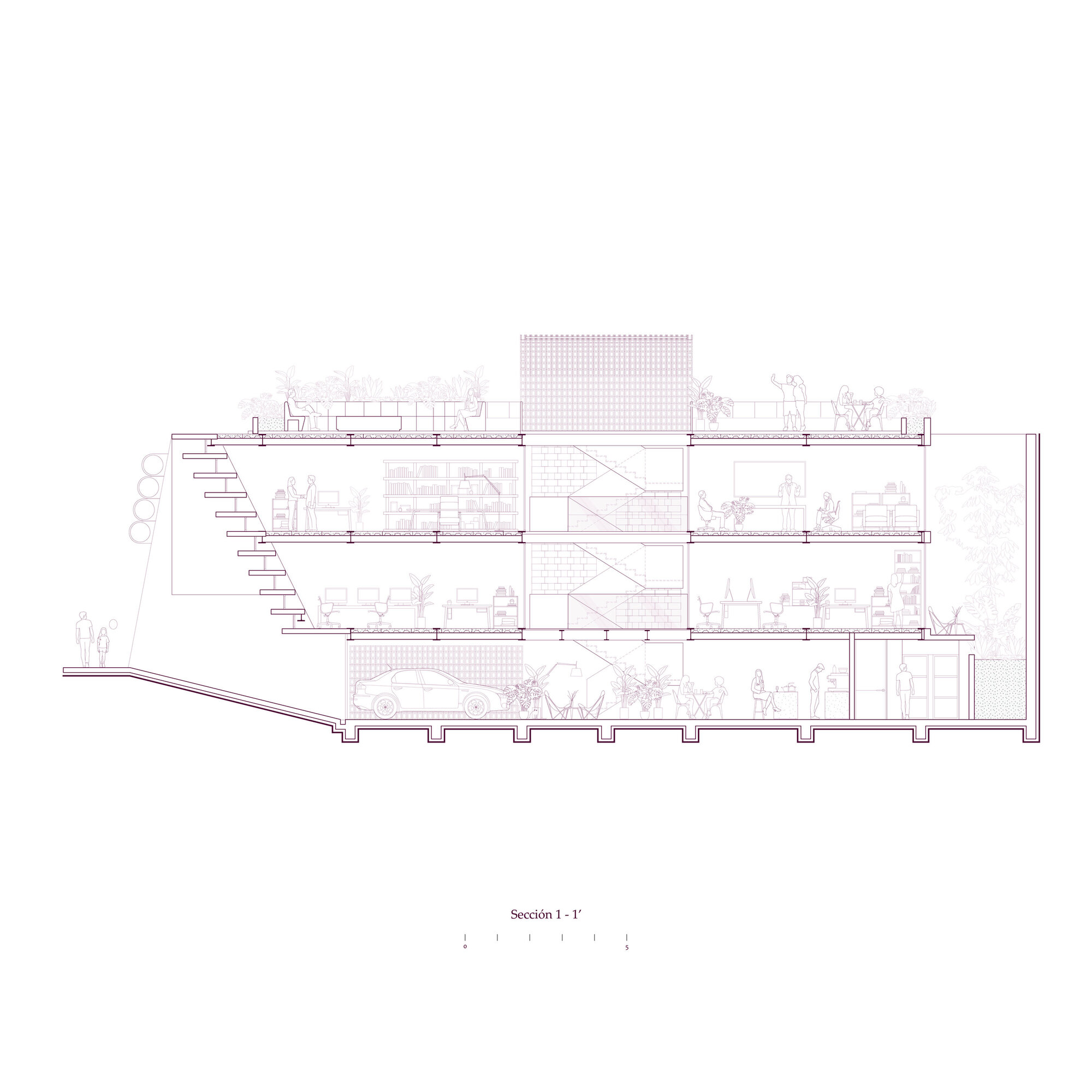 Section drawing showing four interior levels with figures, planted terraces, and diagonal structural bracing
